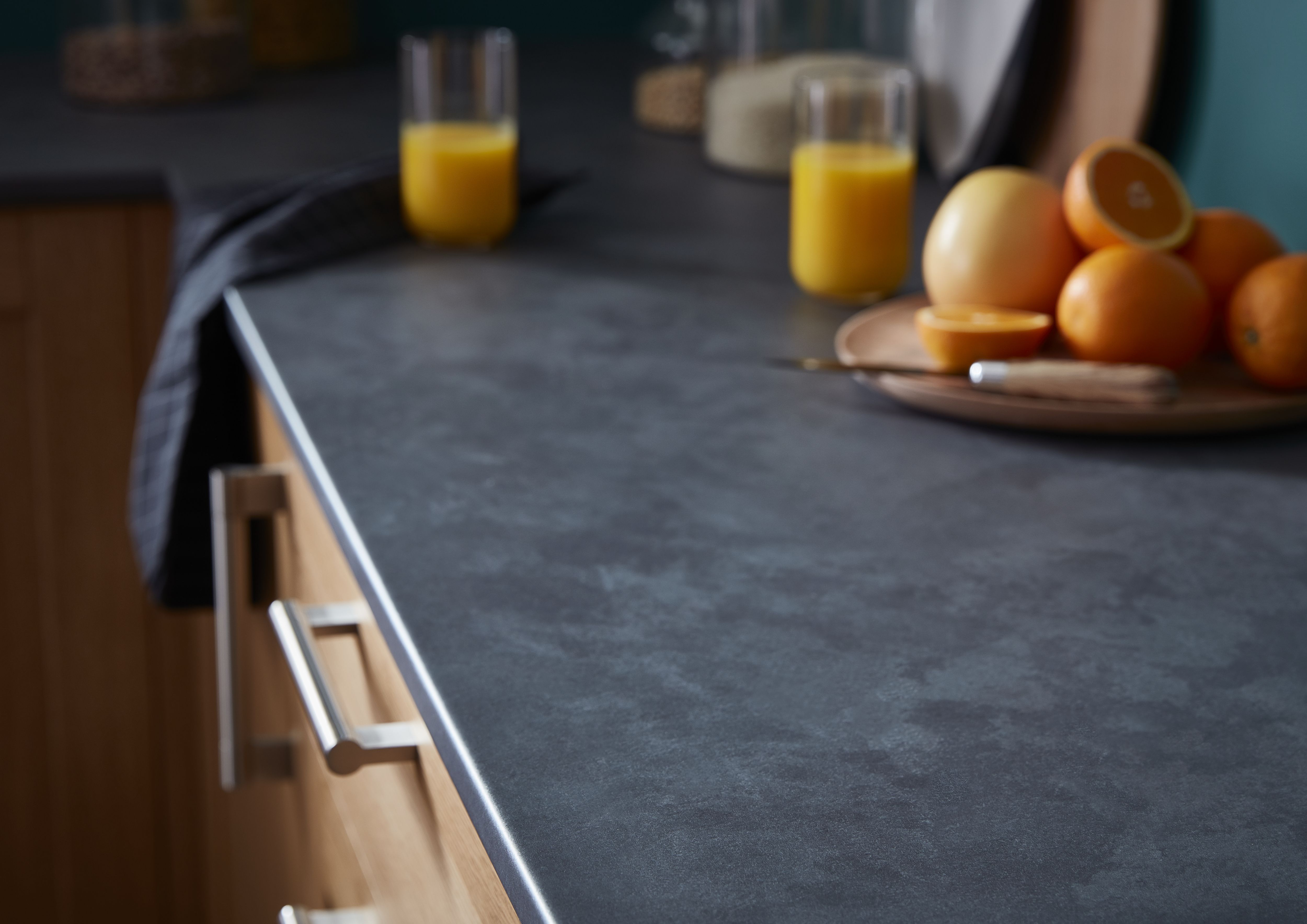 GoodHome 22mm Matt Grey Slate effect Chipboard & laminate Post-formed Kitchen Worktop, (L)3000mm