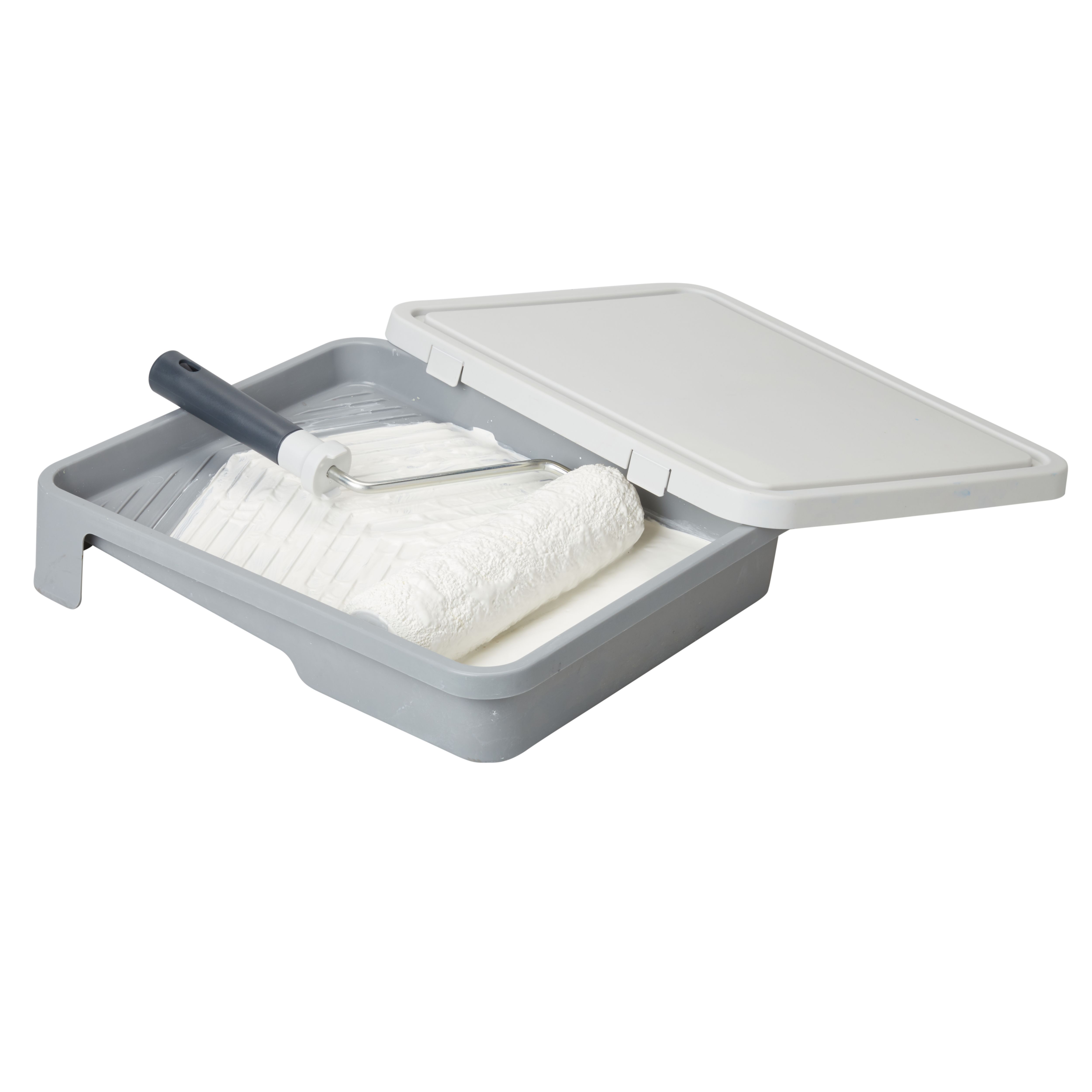 Paint roller tray store with lid