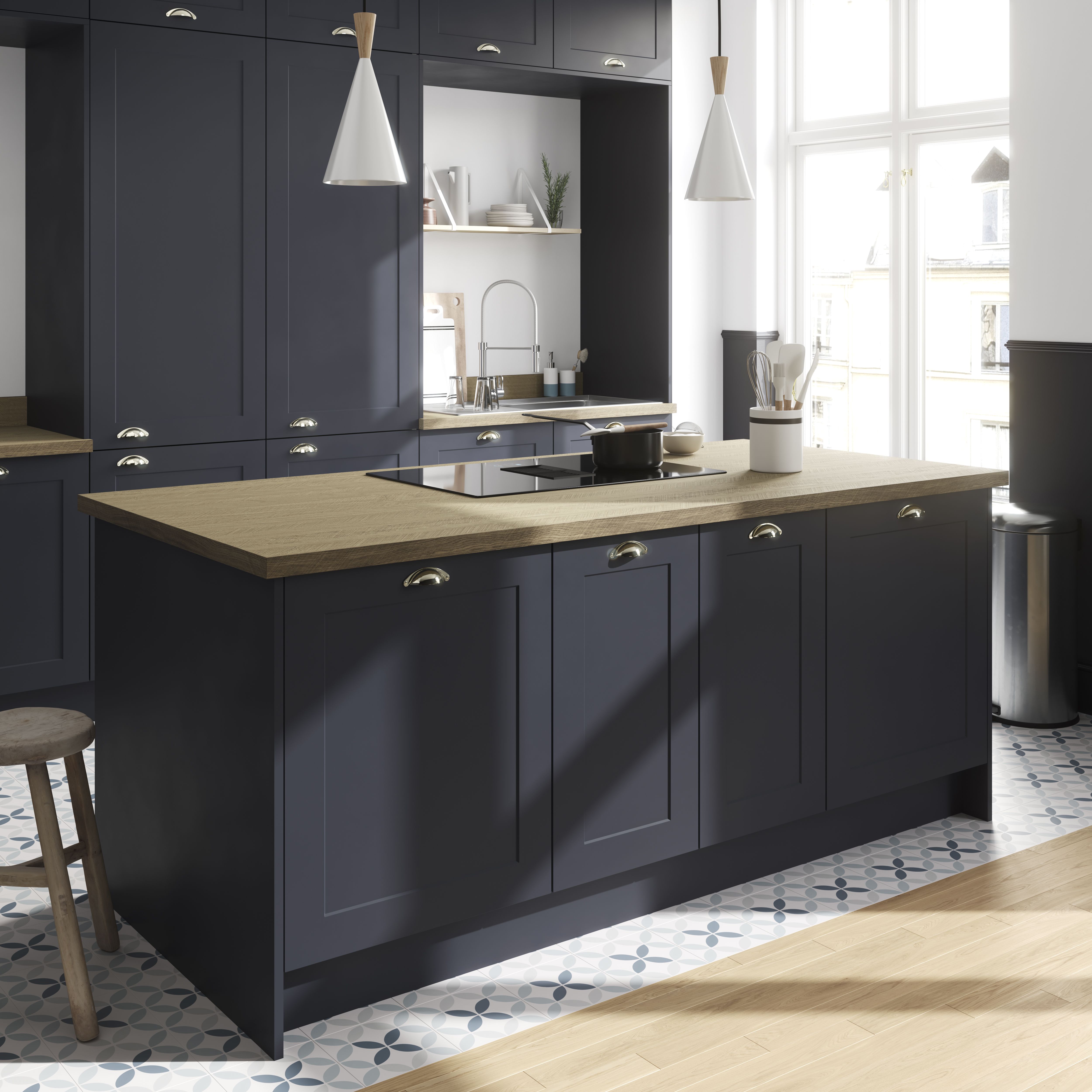 GoodHome 38mm Berberis Chevron Matt Oak effect Laminate Square edge Kitchen Breakfast bar, (L)2000mm