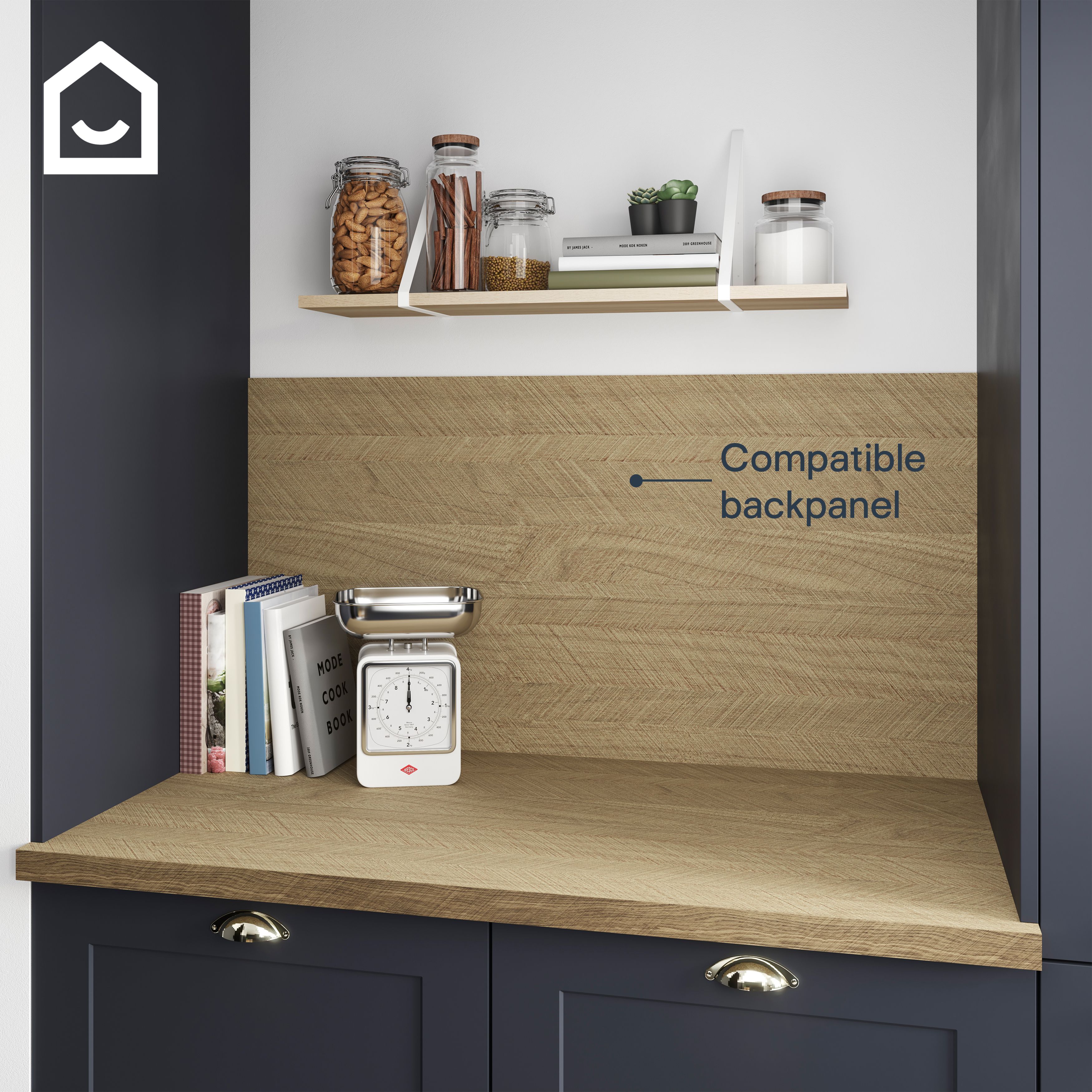 GoodHome 38mm Berberis Chevron Matt Oak effect Laminate Square edge Kitchen Worktop, (L)3000mm