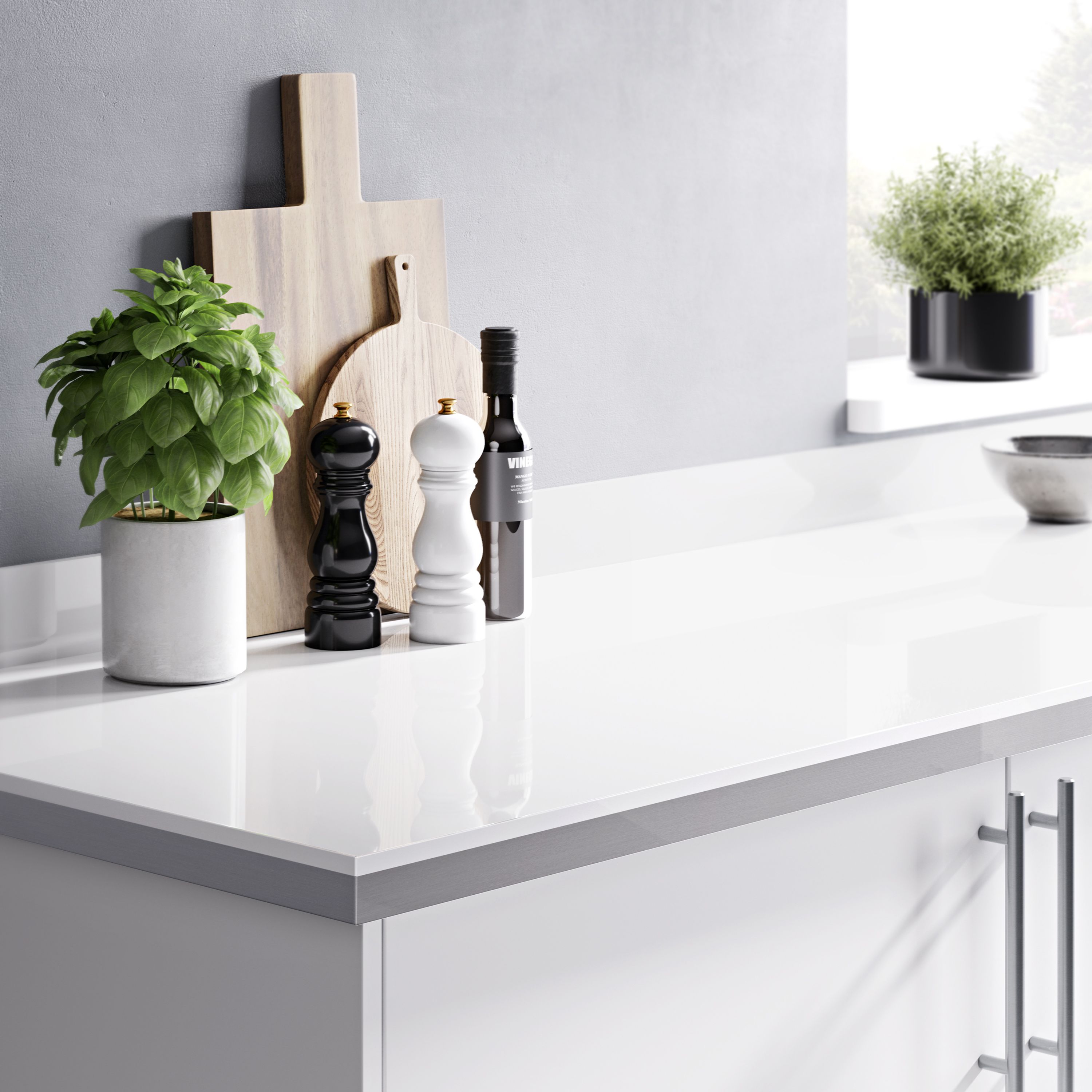 GoodHome 38mm Berberis Gloss Mirror gloss white Chipboard & laminate Square edge Kitchen Worktop, (L)3000mm