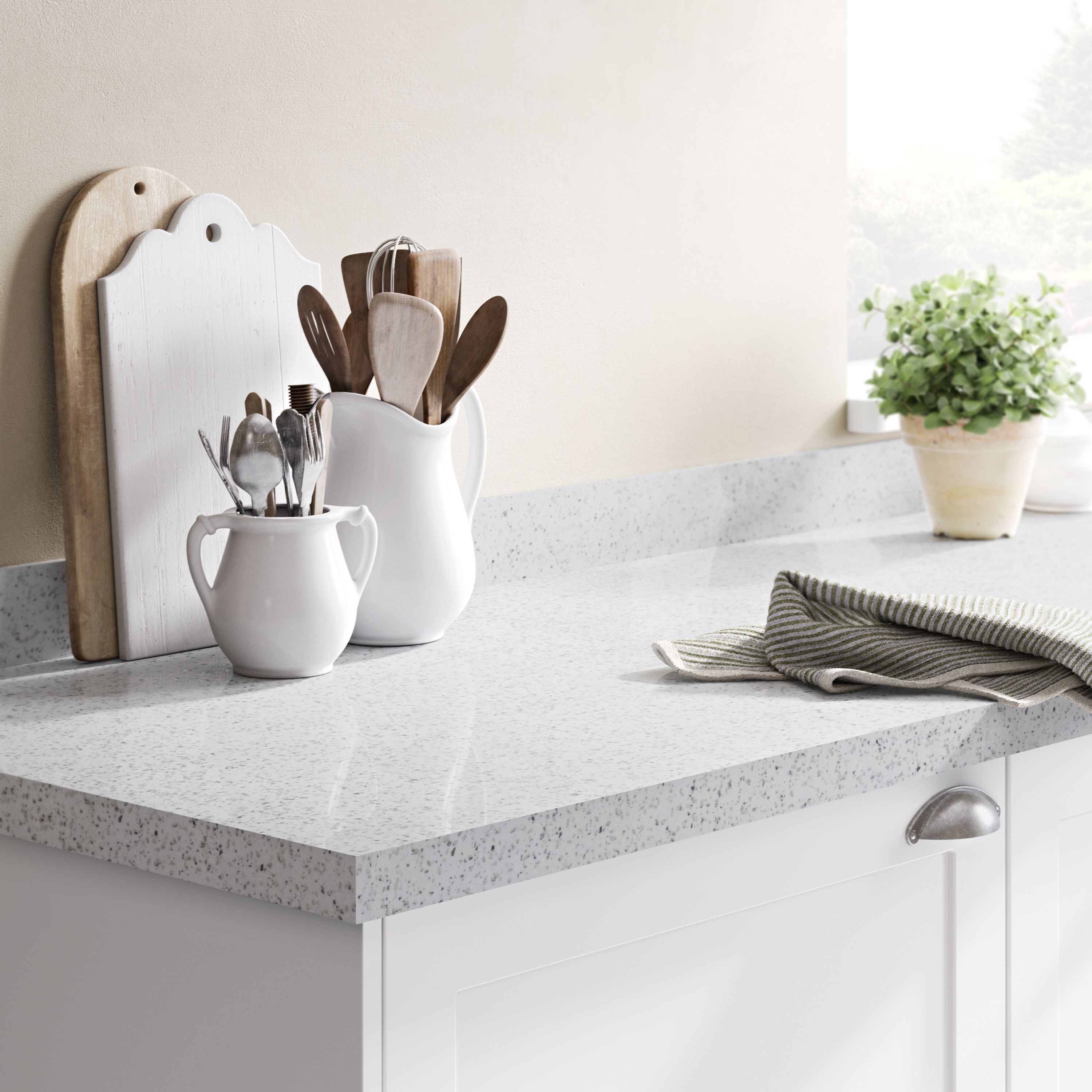 GoodHome 38mm Berberis Gloss White star sparkle effect Chipboard Kitchen Worktop, (L)3000mm