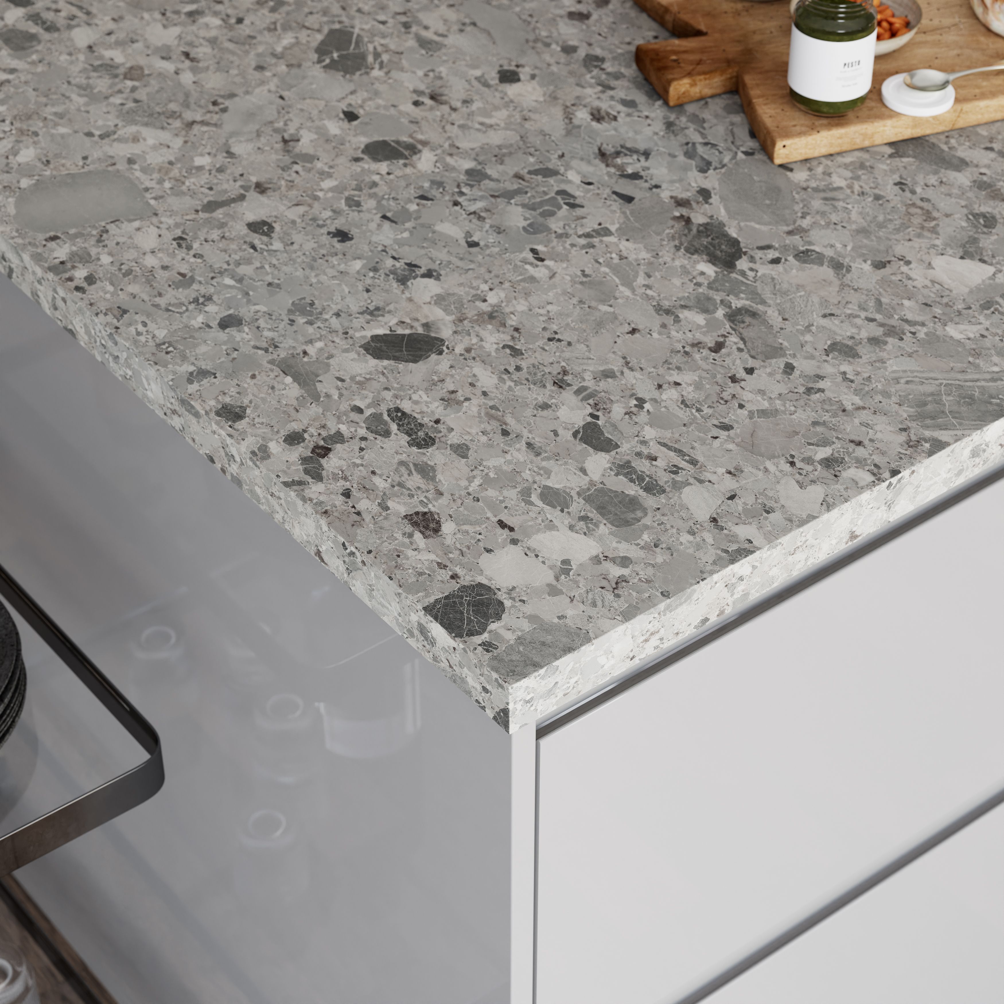 GoodHome 38mm Berberis Matt Grey Stone effect Laminate Square edge Worktop, (L)3000mm
