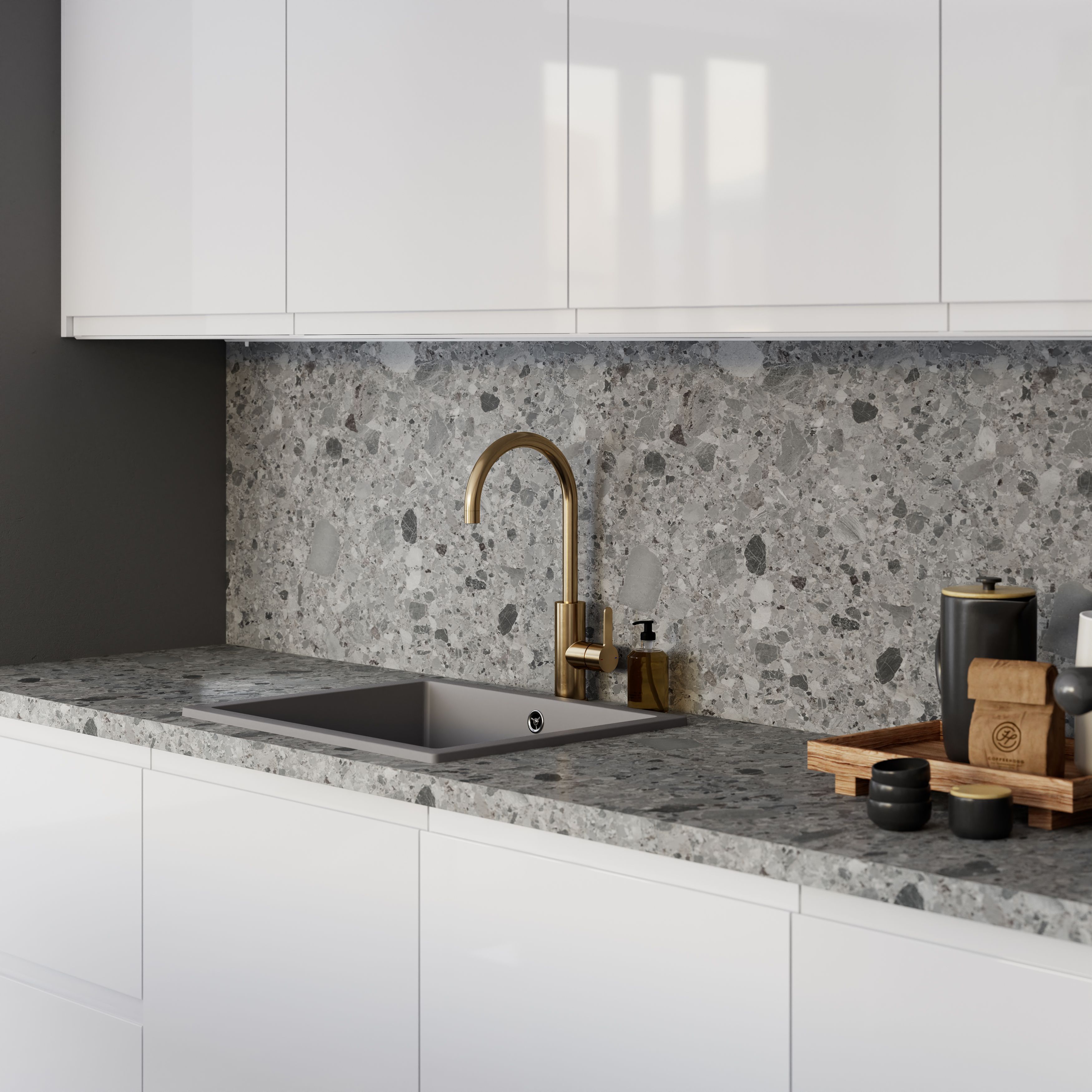 GoodHome 38mm Berberis Matt Grey Stone effect Laminate Square edge Worktop, (L)3000mm