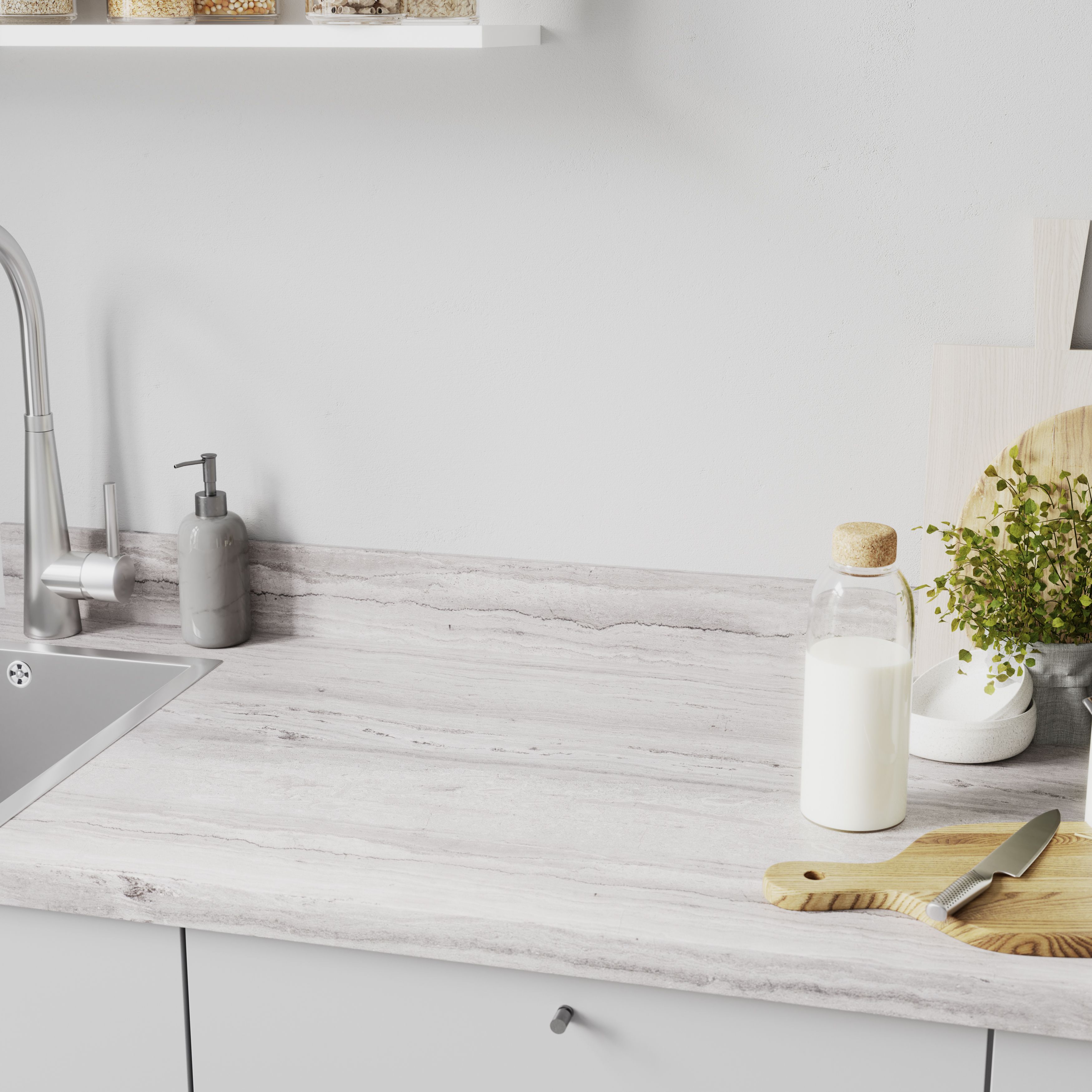GoodHome 38mm Berberis Matt Grey Travertine effect Laminate & particle board Square edge Kitchen Worktop, (L)3000mm
