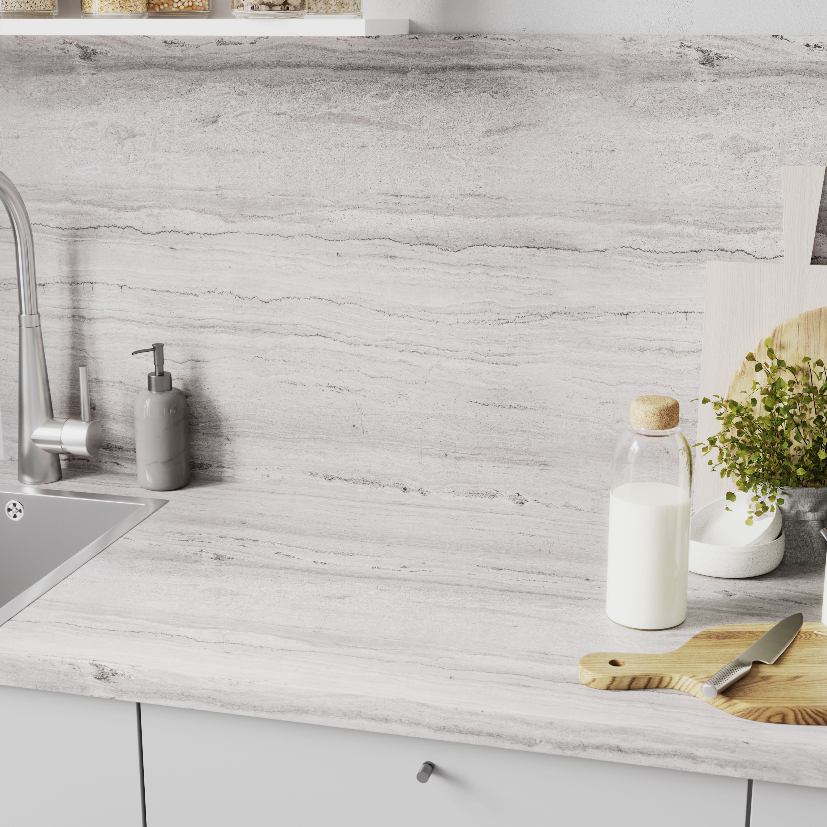 GoodHome 38mm Berberis Matt Grey Travertine effect Laminate & particle board Square edge Kitchen Worktop, (L)3000mm