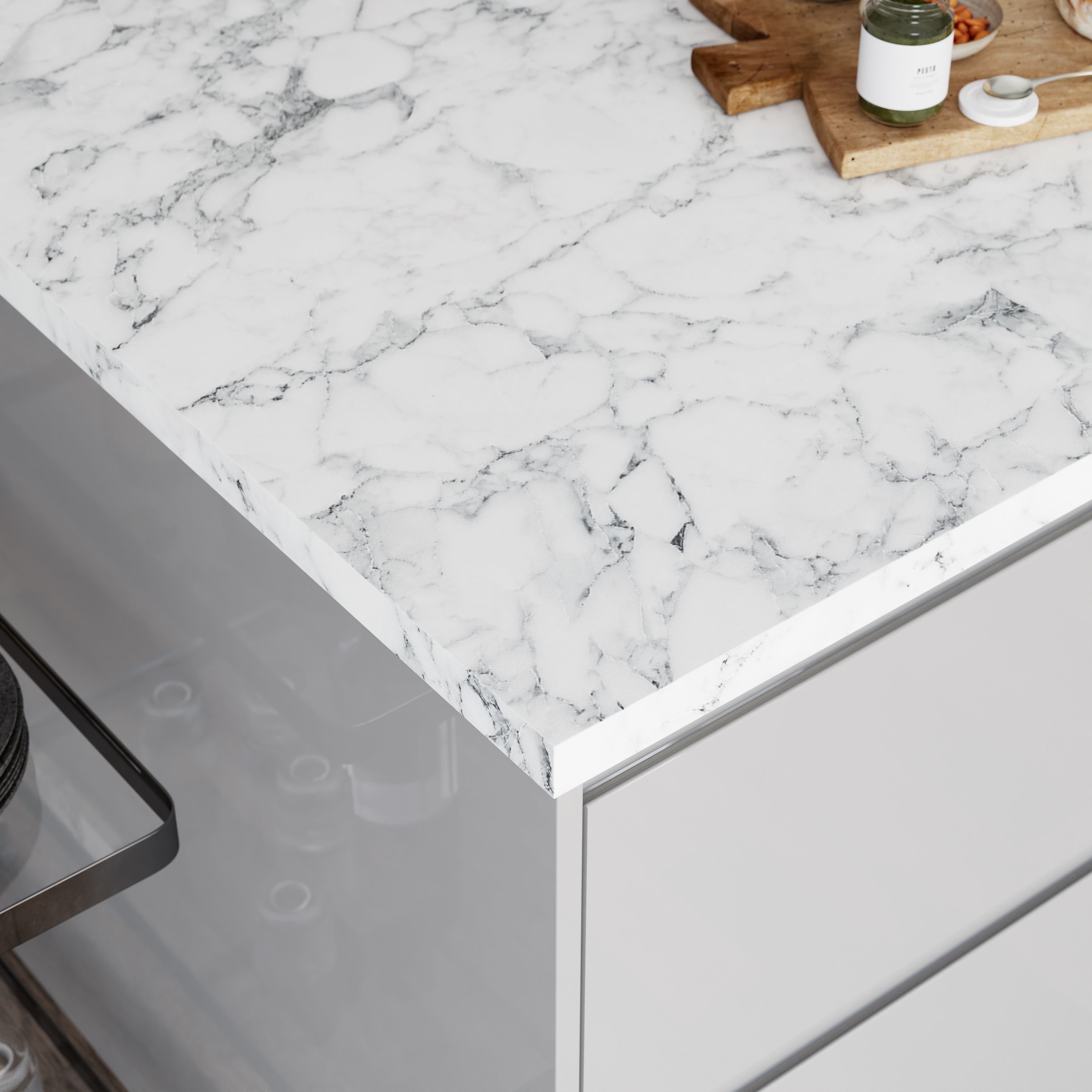 GoodHome 38mm Berberis Matt White Quartz effect Laminate Square edge Worktop, (L)3000mm