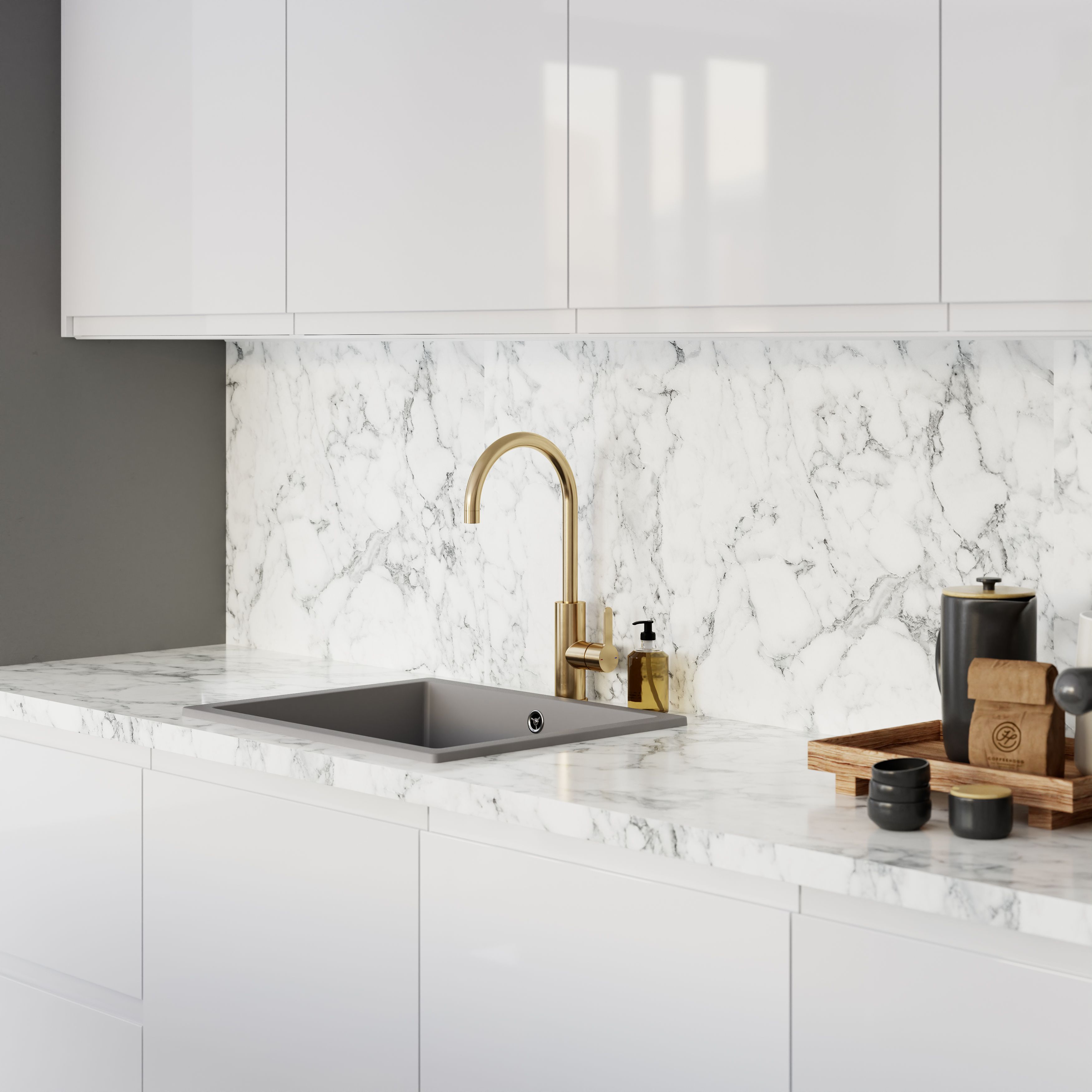 GoodHome 38mm Berberis Matt White Quartz effect Laminate Square edge Worktop, (L)3000mm