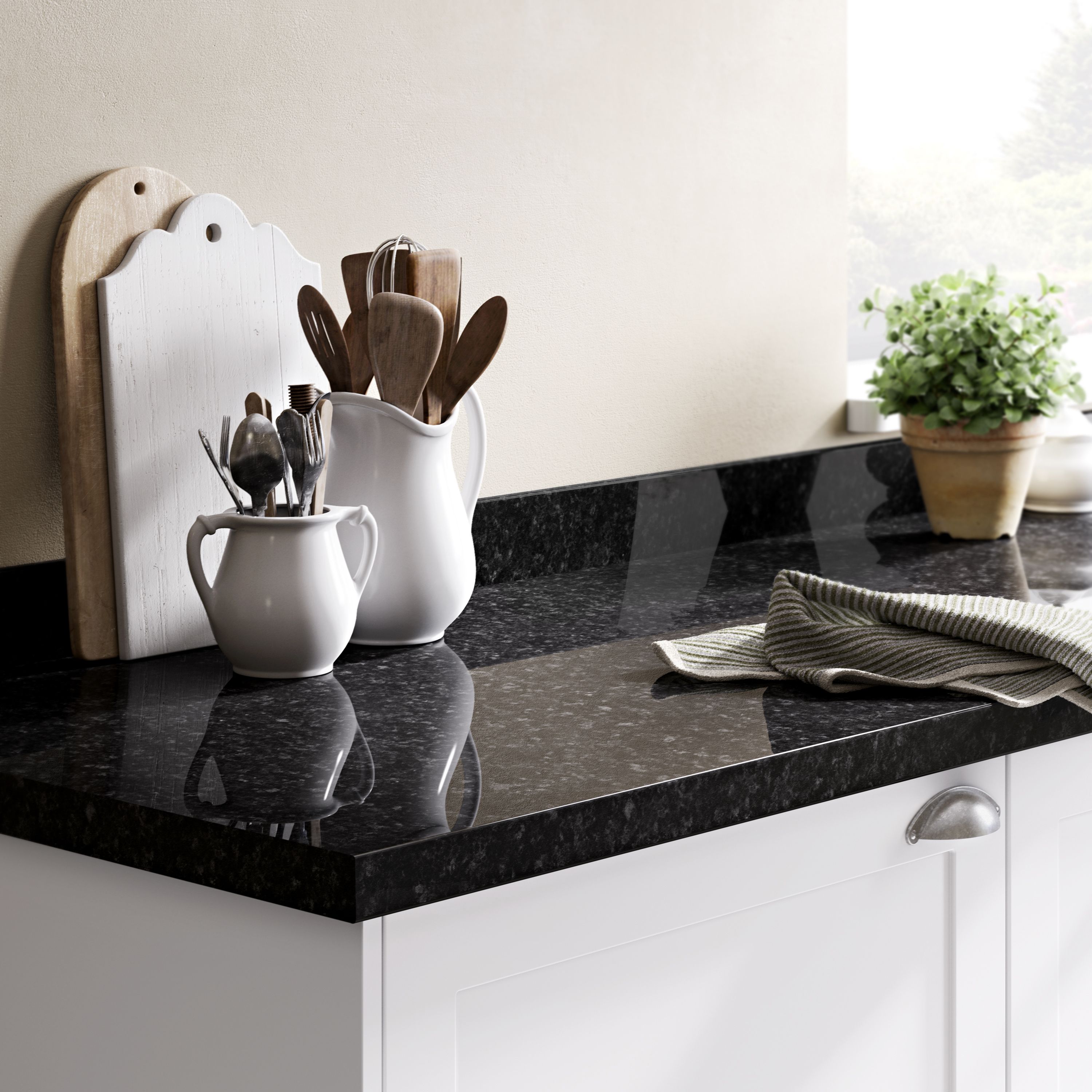 GoodHome 38mm Kabsa Gloss Black Granite effect Laminate & particle board Post-formed Kitchen Breakfast bar, (L)2000mm