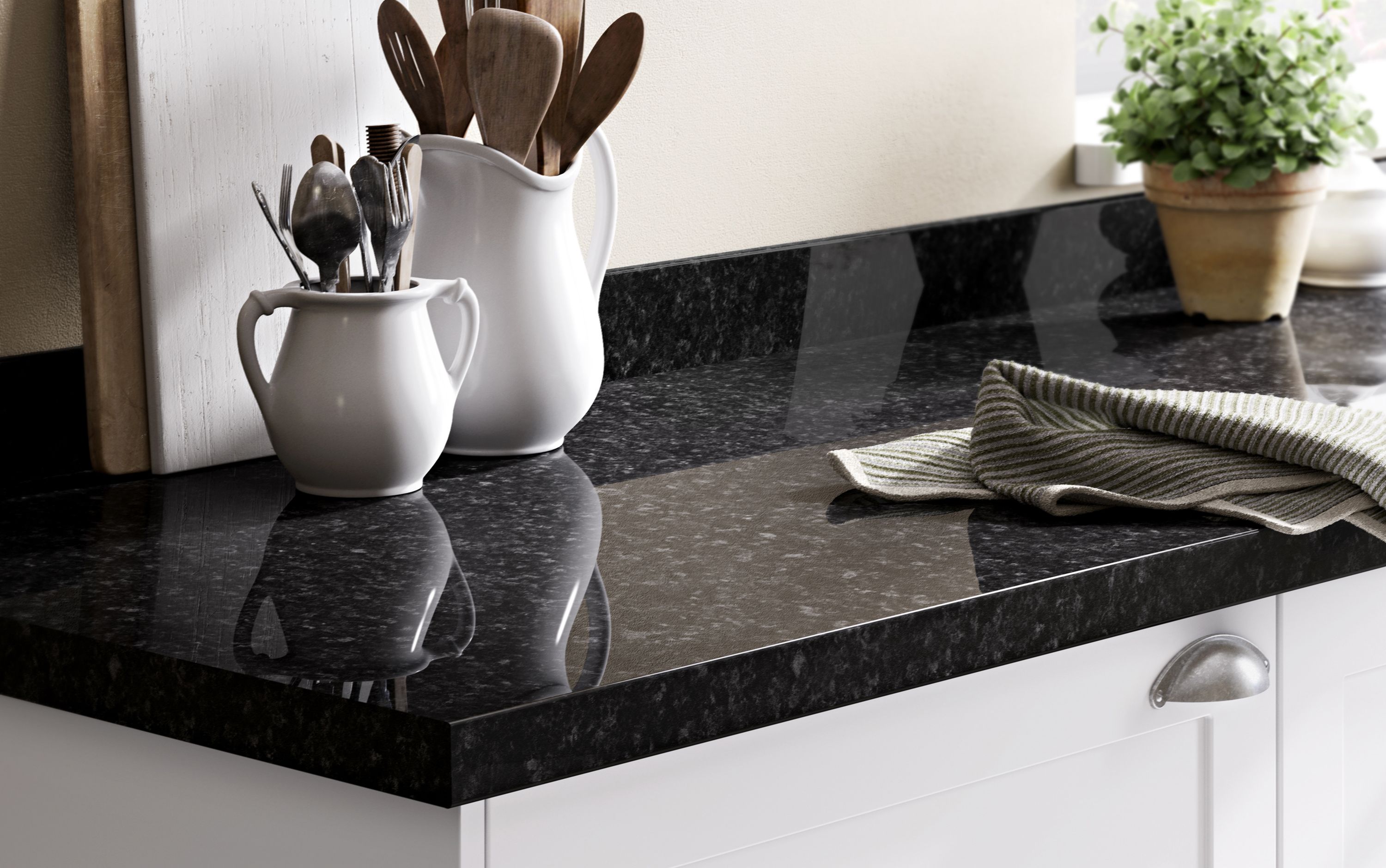 GoodHome 38mm Kabsa Gloss Black Granite effect Laminate & particle board Post-formed Kitchen Breakfast bar, (L)2000mm