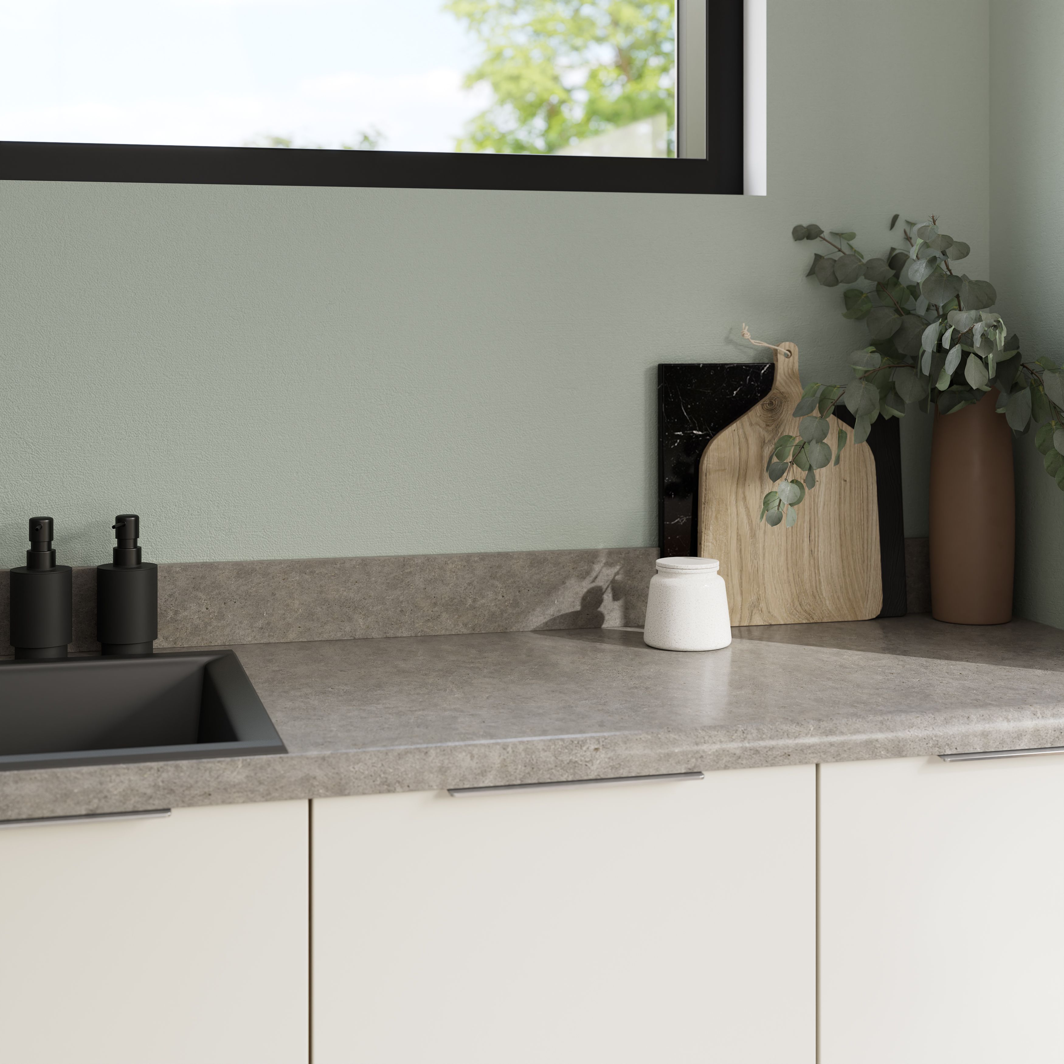 GoodHome 38mm Kabsa Matt Grey Stone effect Laminate Post-formed edge Worktop, (L)3000mm