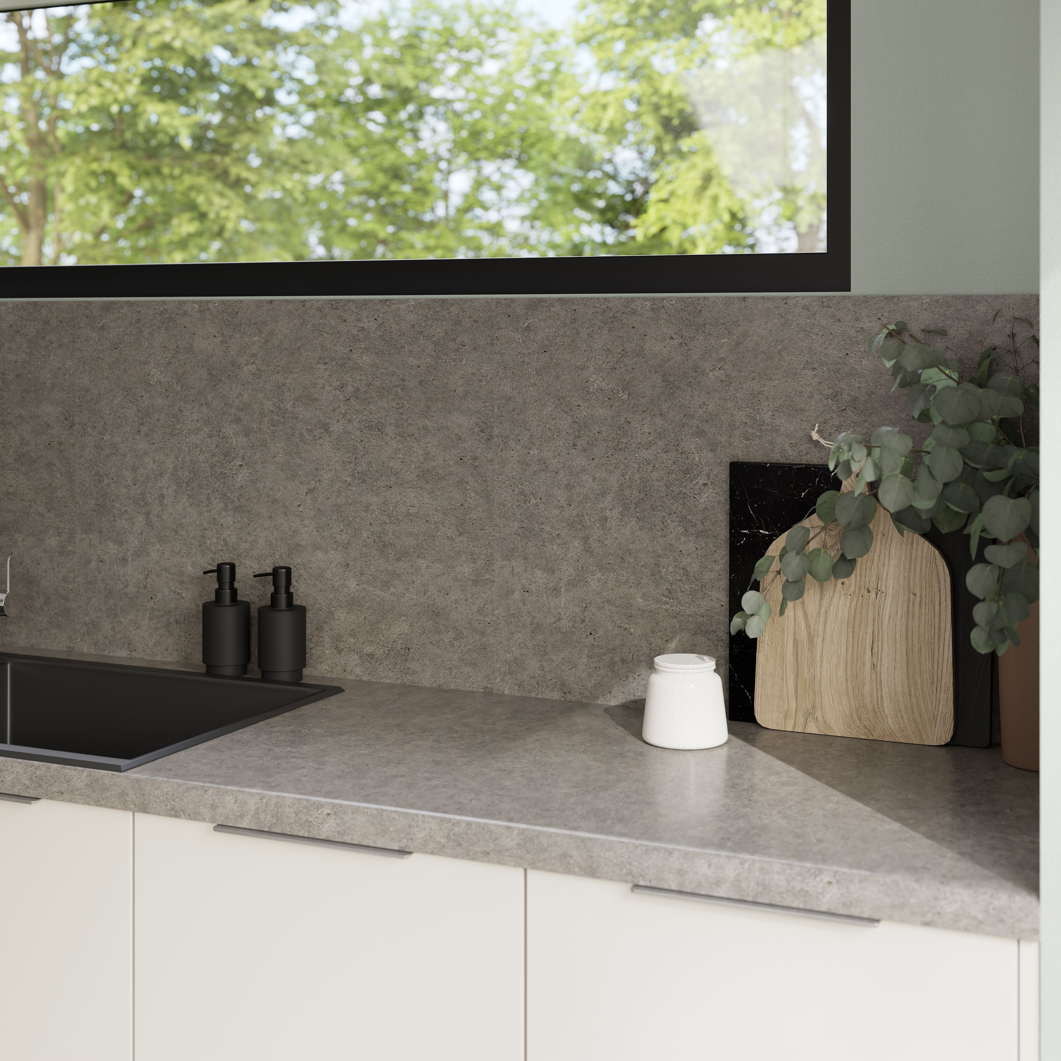 GoodHome 38mm Kabsa Matt Grey Stone effect Laminate Post-formed edge Worktop, (L)3000mm