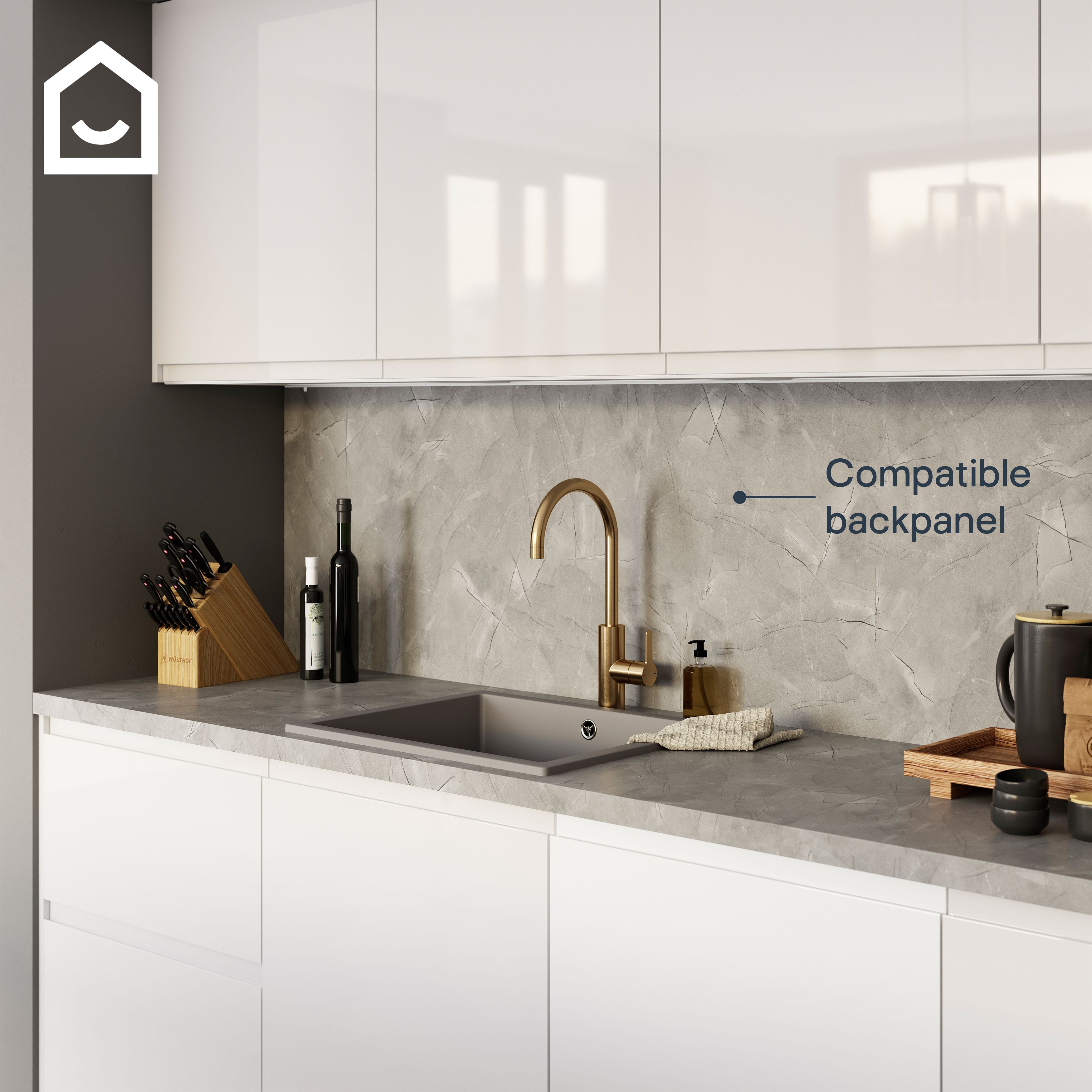 GoodHome 38mm Kala Pietra Satin Grey Laminate Square edge Kitchen Worktop, (L)3000mm