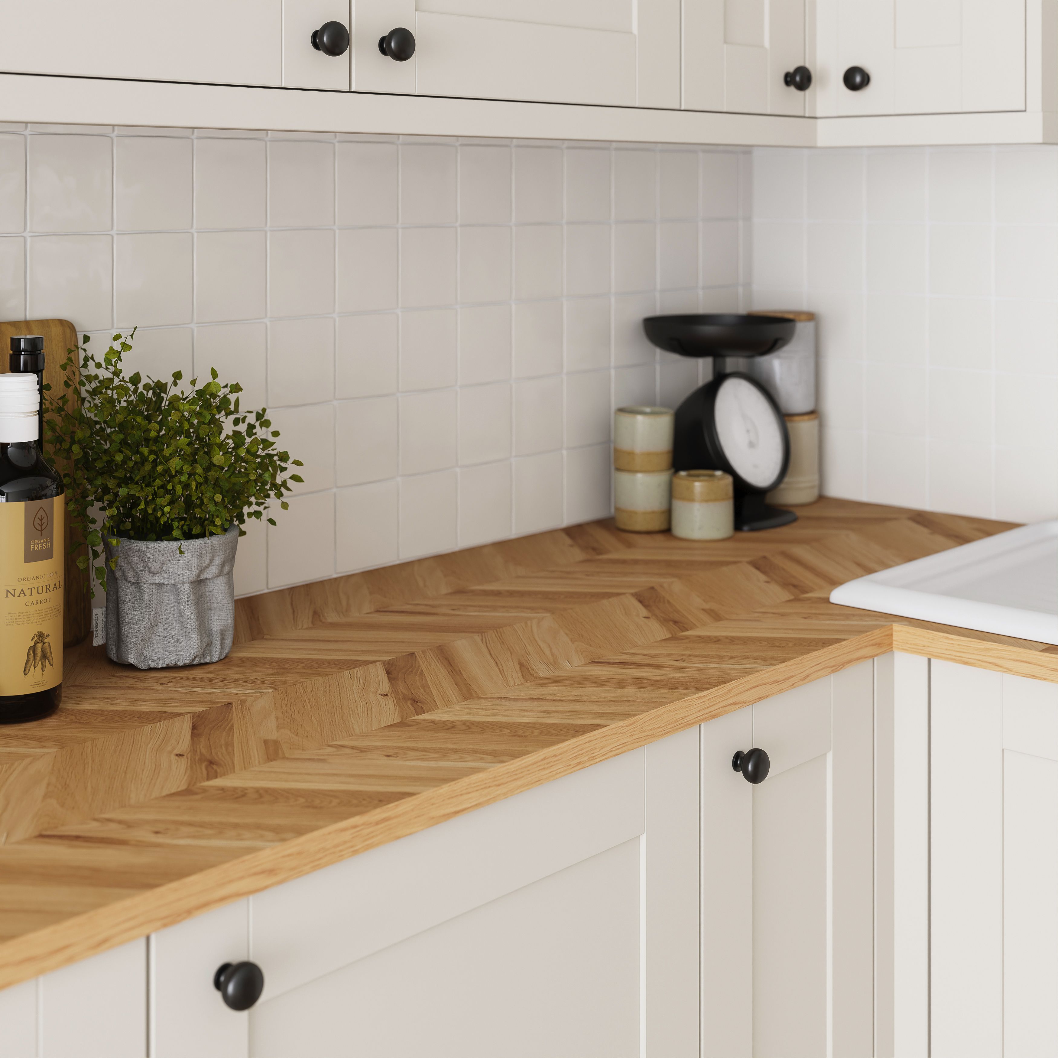 GoodHome 38mm Orin Satin Chevron oak Veneered Chamfered Kitchen Worktop, (L)3000mm