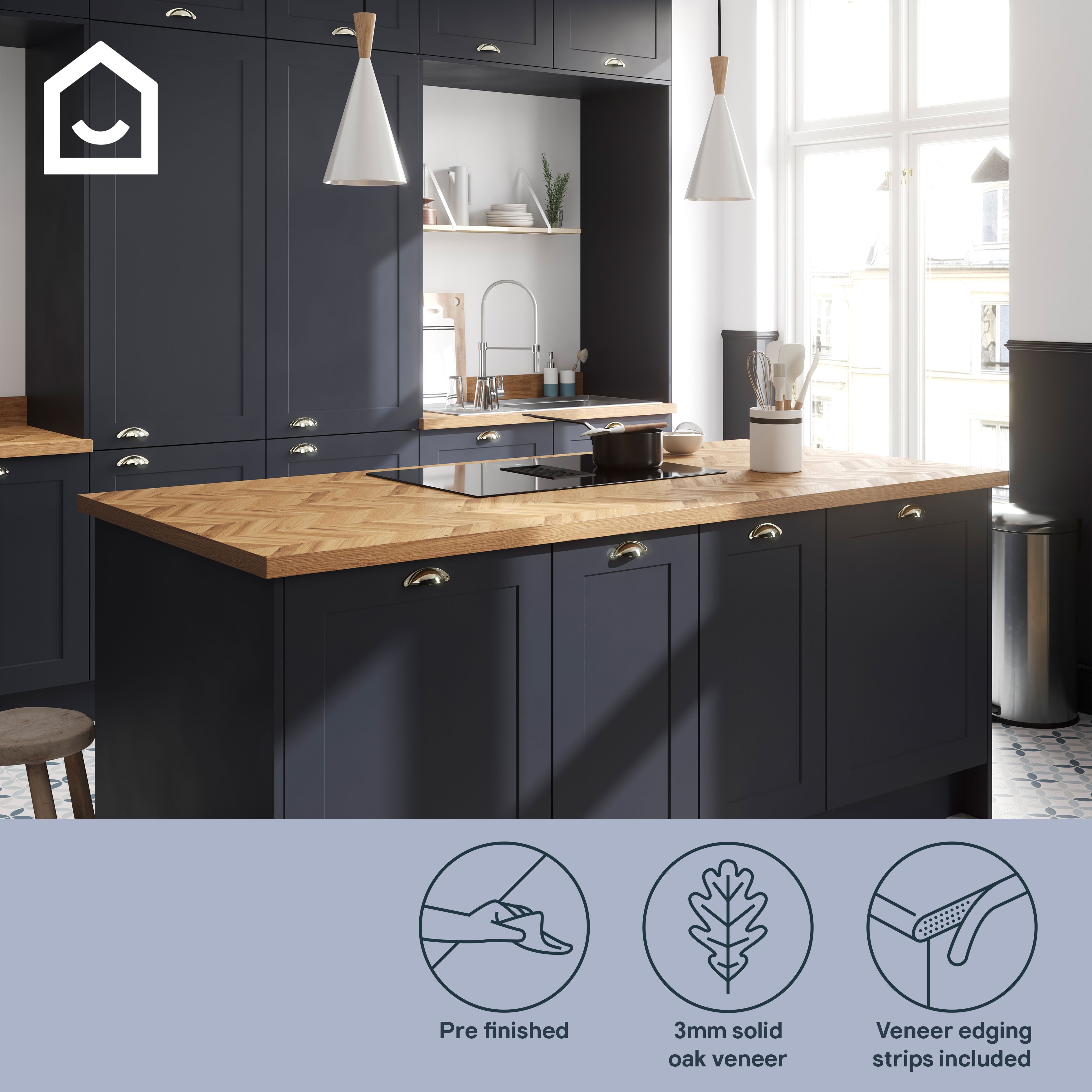 GoodHome 38mm Orin Satin Chevron oak Veneered Chamfered Kitchen Worktop, (L)3000mm