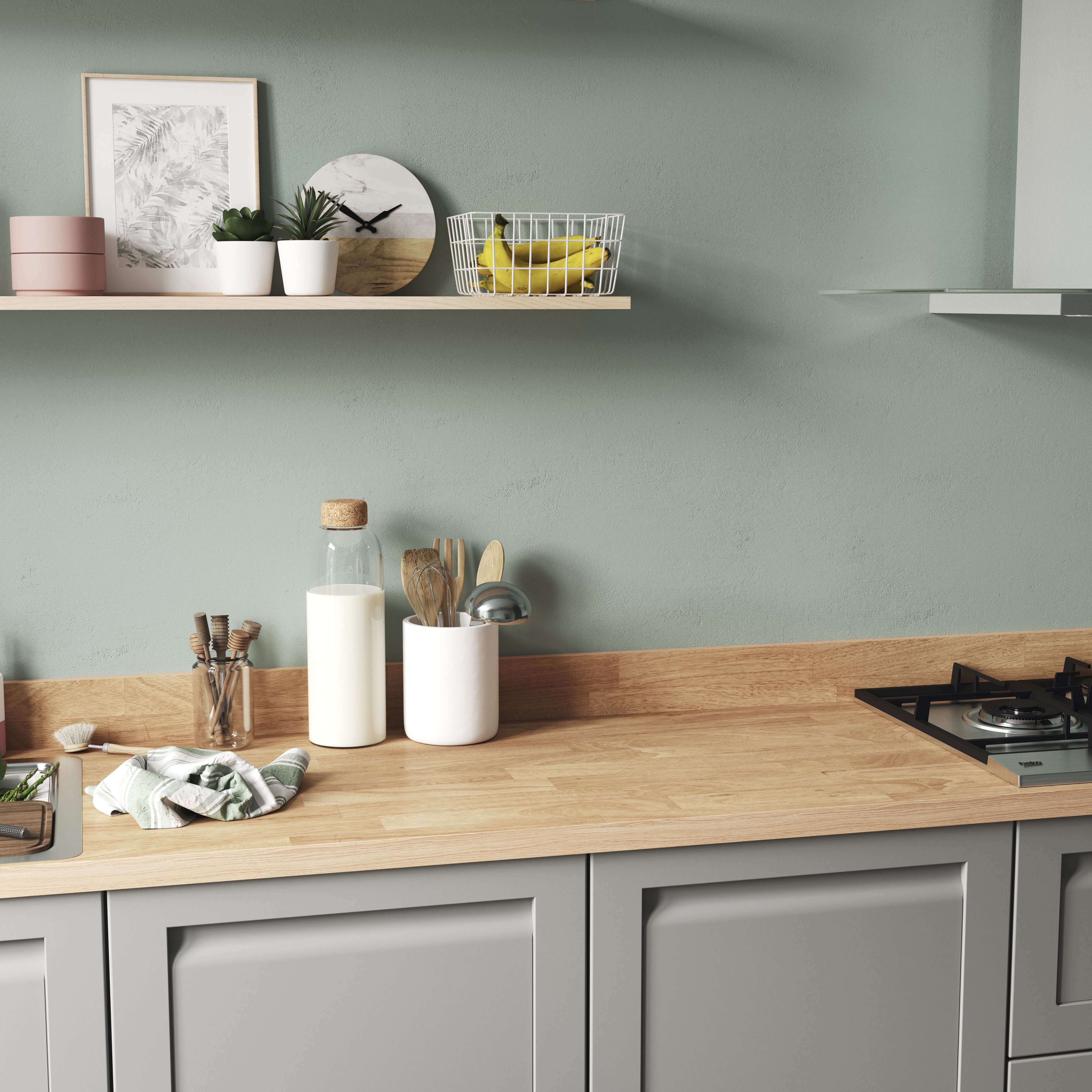 GoodHome 38mm Orin Satin Light oak Veneered Chamfered Kitchen Worktop, (L)3000mm
