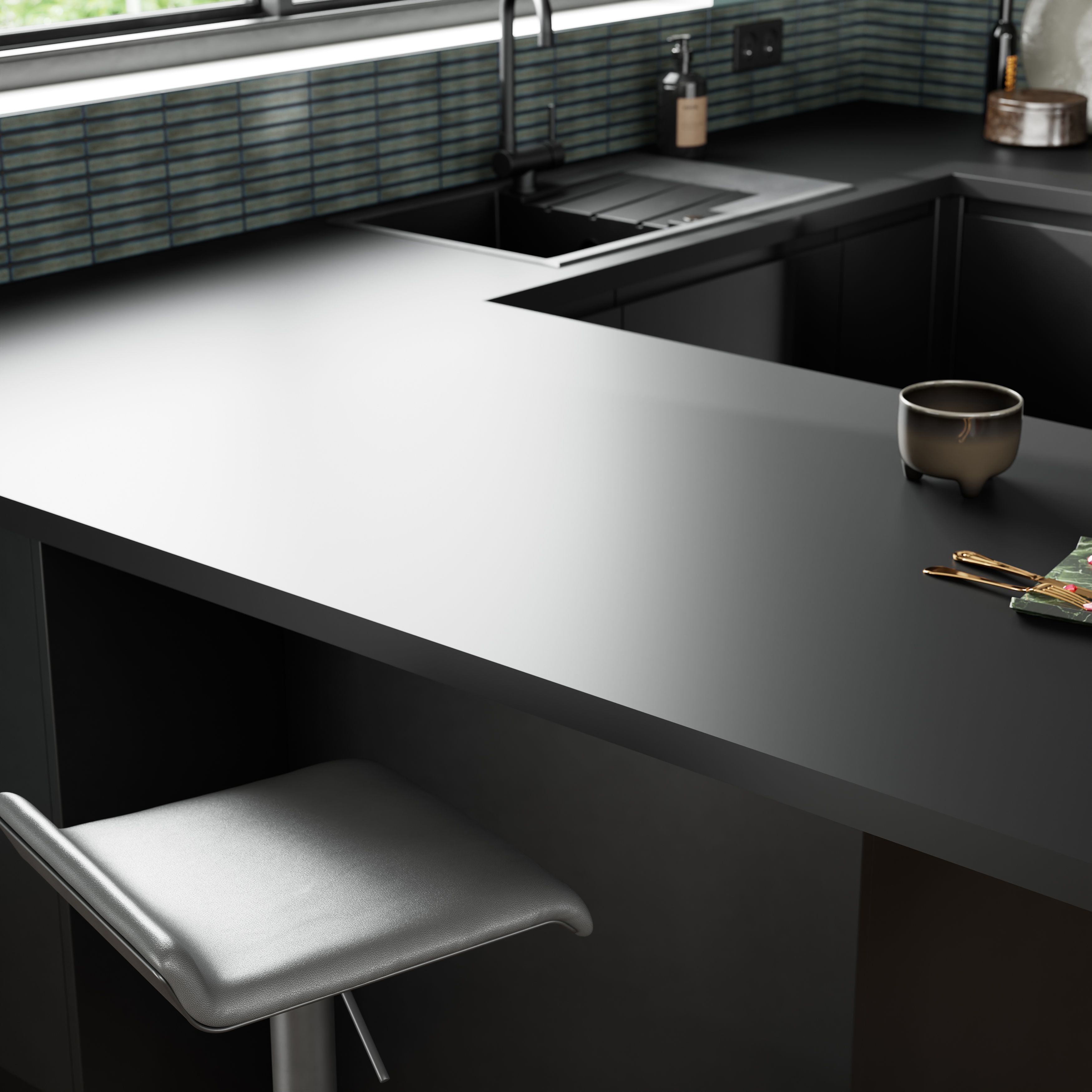 GoodHome 38mm Super matt Black Chipboard & laminate Square edge Kitchen Worktop, (L)3000mm