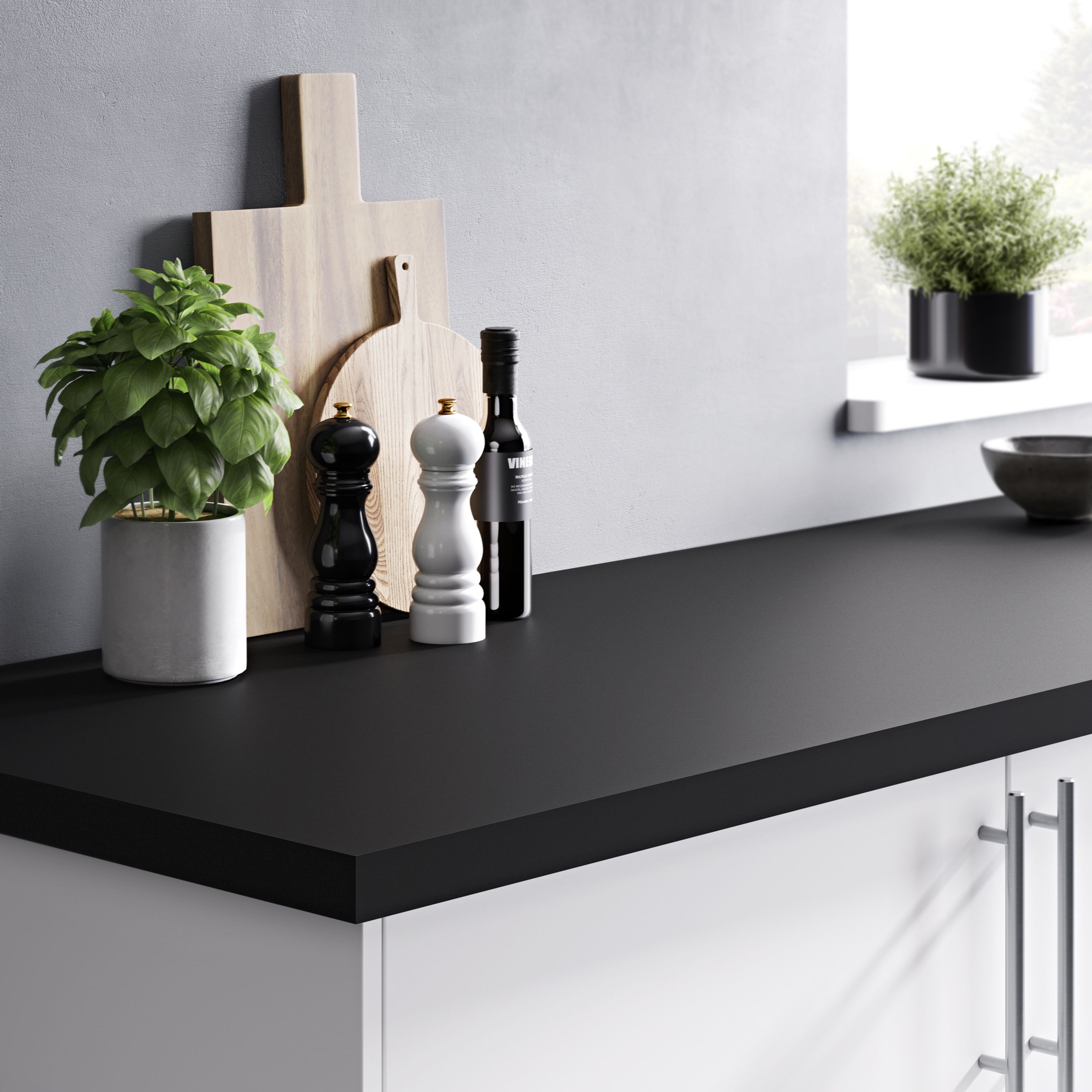 GoodHome 38mm Super matt Black Chipboard & laminate Square edge Kitchen Worktop, (L)3000mm