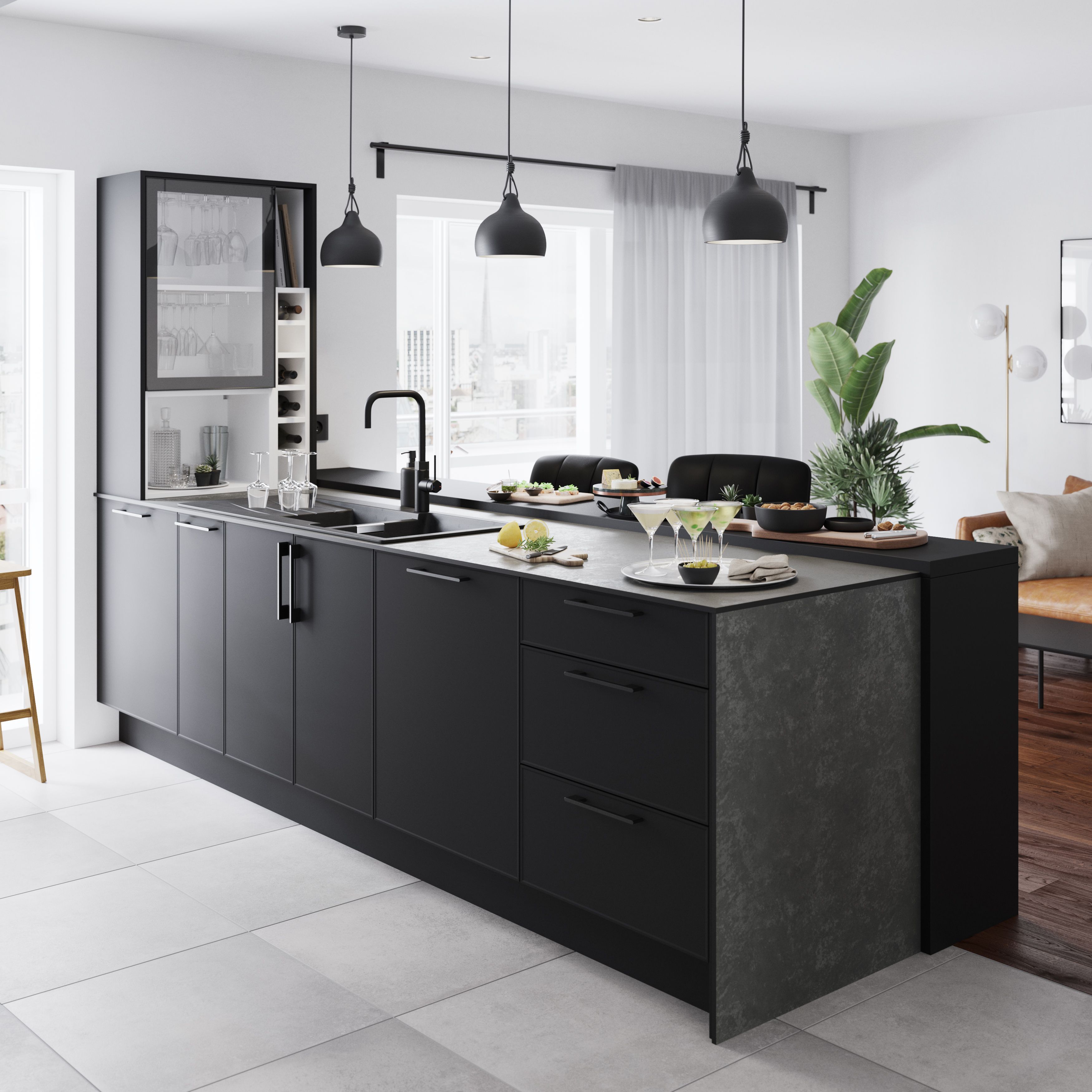 GoodHome 38mm Super matt Black Chipboard & laminate Square edge Kitchen Worktop, (L)3000mm