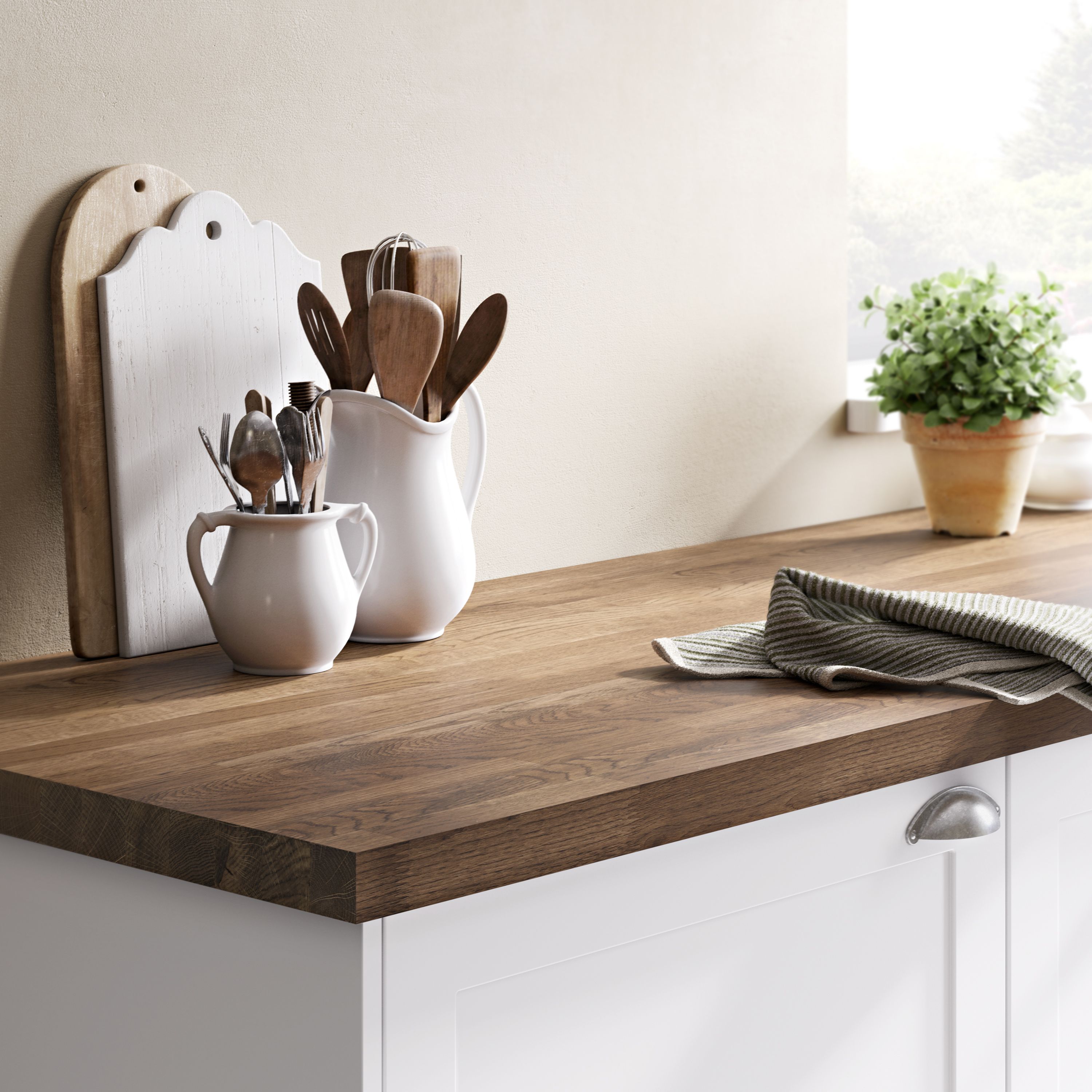 GoodHome 40mm Hinita Stained Dark wood effect Solid oak Square edge Kitchen Breakfast bar, (L)2000mm