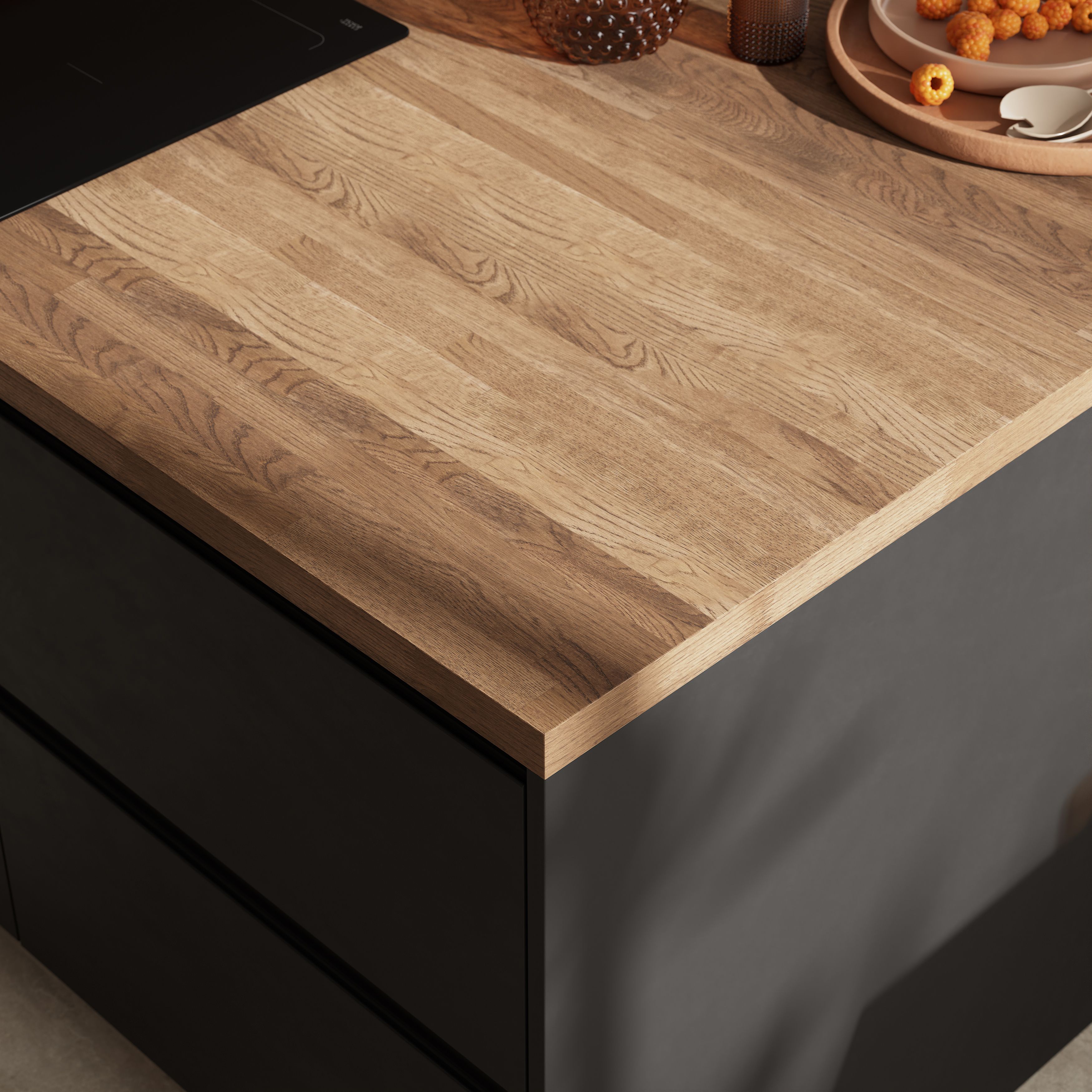 GoodHome 40mm Hinita Stained Dark wood effect Solid oak Square edge Kitchen Worktop, (L)3000mm