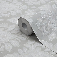 GoodHome Abeli Grey Russian damask Metallic effect Textured Wallpaper