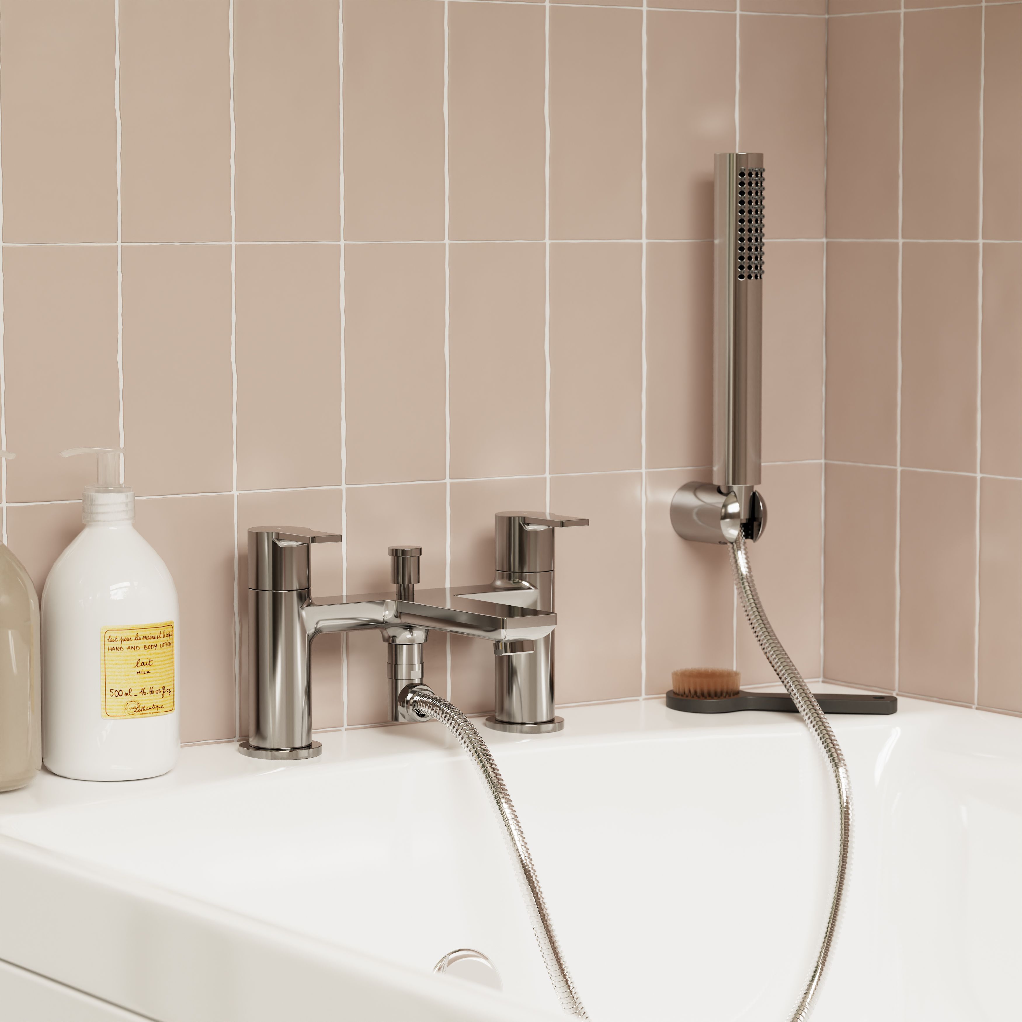 GoodHome Akita Gloss Chrome effect Ceramic Deck-mounted Double Bath shower mixer tap with shower kit