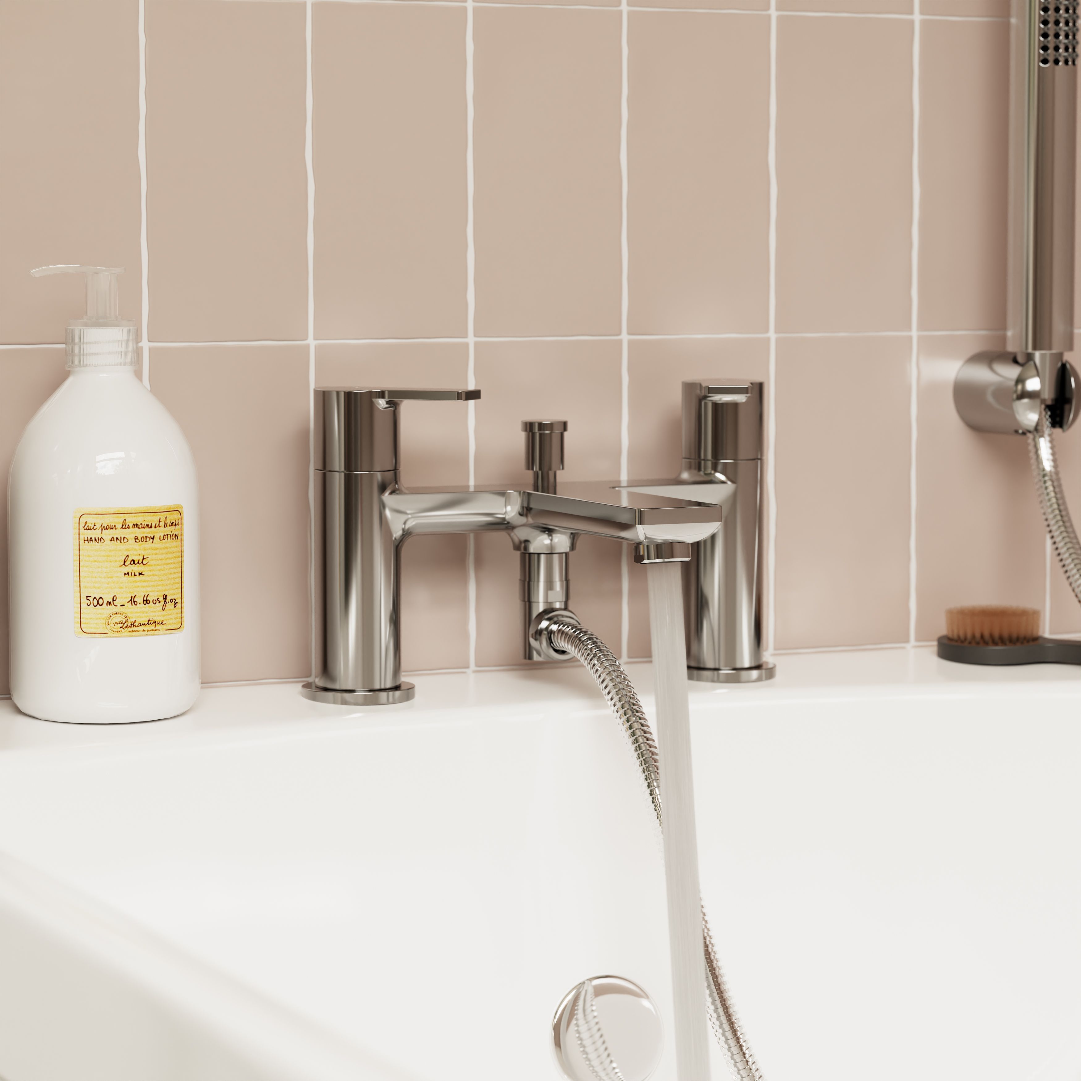 GoodHome Akita Gloss Chrome effect Ceramic Deck-mounted Double Bath shower mixer tap with shower kit