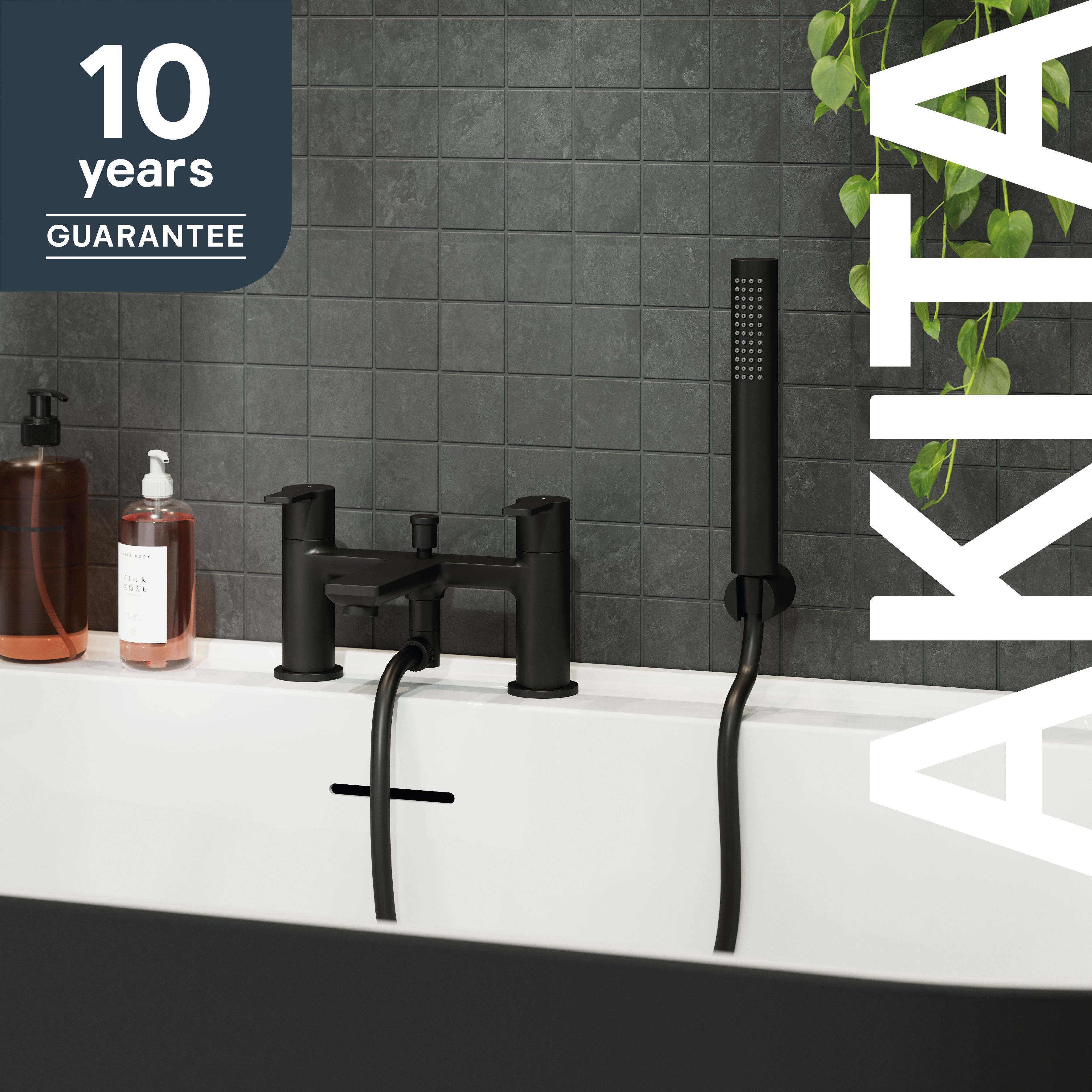 GoodHome Akita Matt Black Ceramic Deck-mounted Double Bath shower mixer tap with shower kit