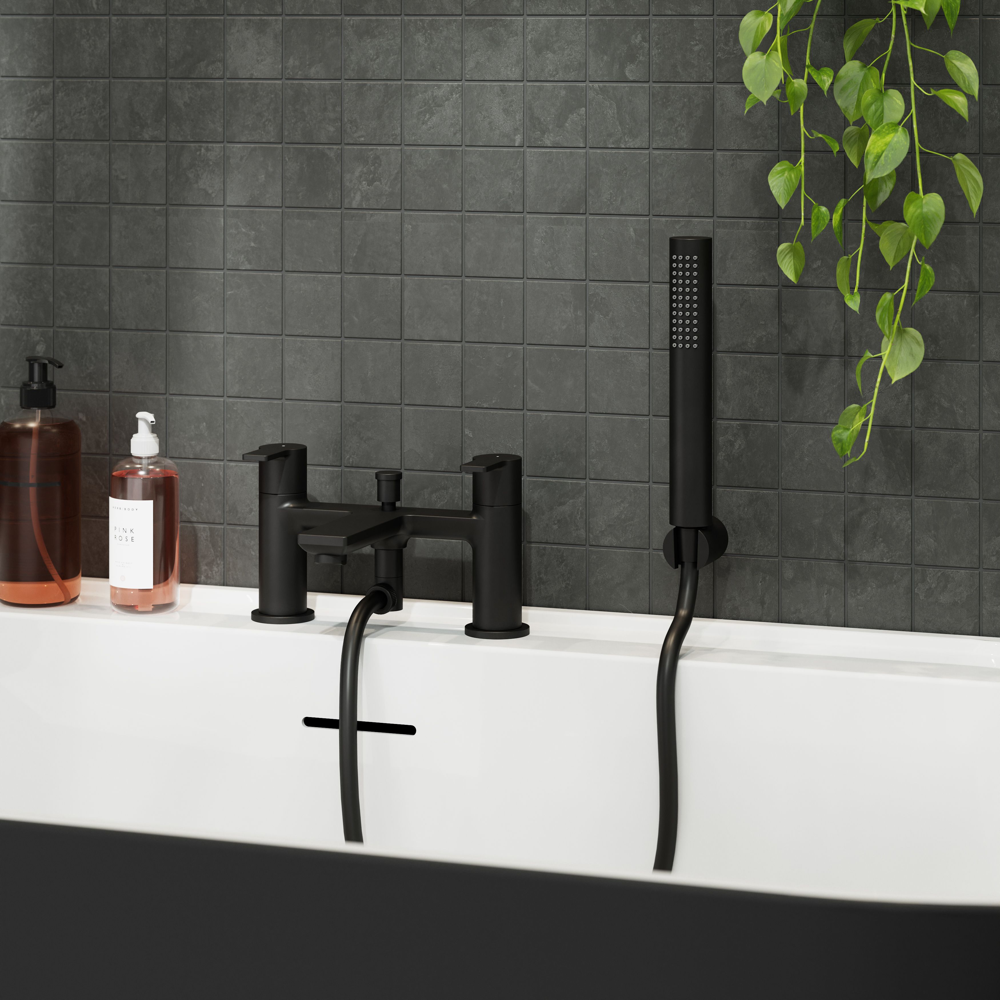 GoodHome Akita Matt Black Ceramic Deck-mounted Double Bath shower mixer tap with shower kit