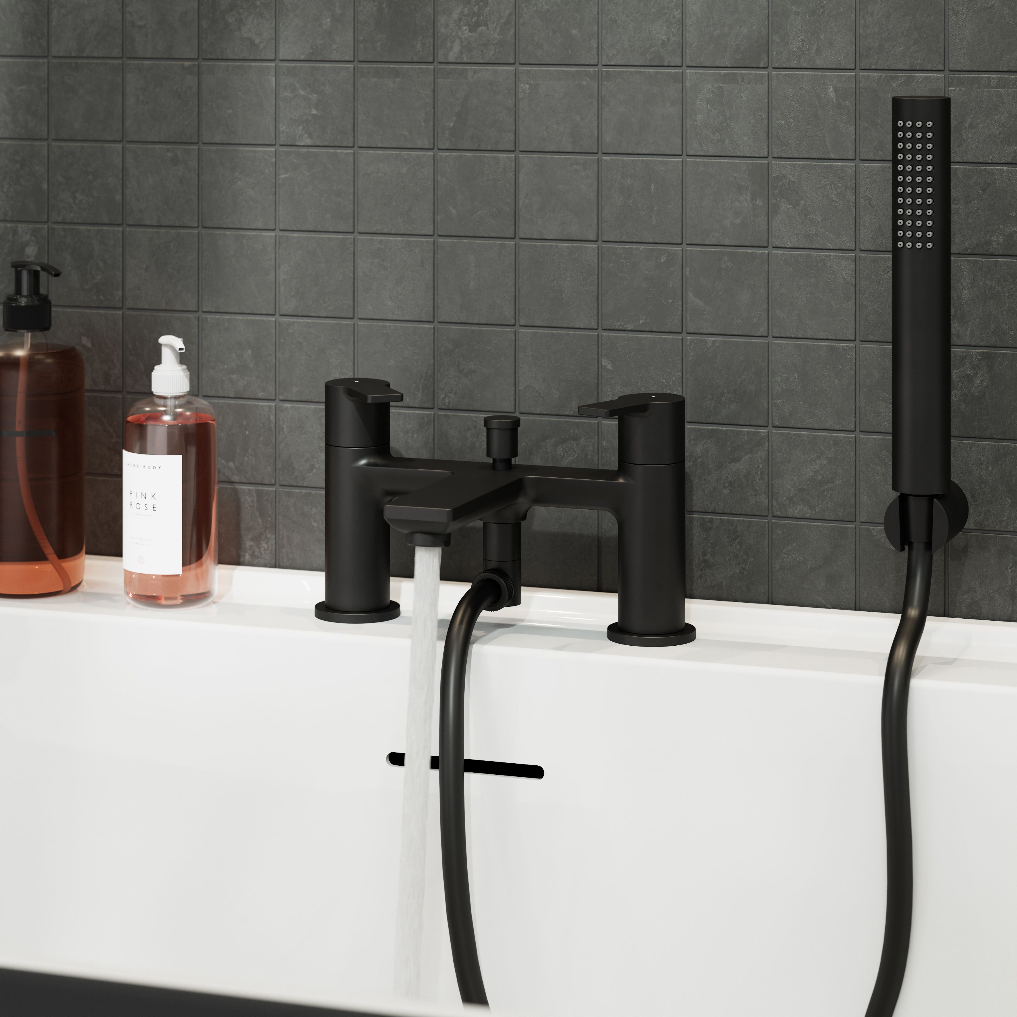 GoodHome Akita Matt Black Ceramic Deck-mounted Double Bath shower mixer tap with shower kit