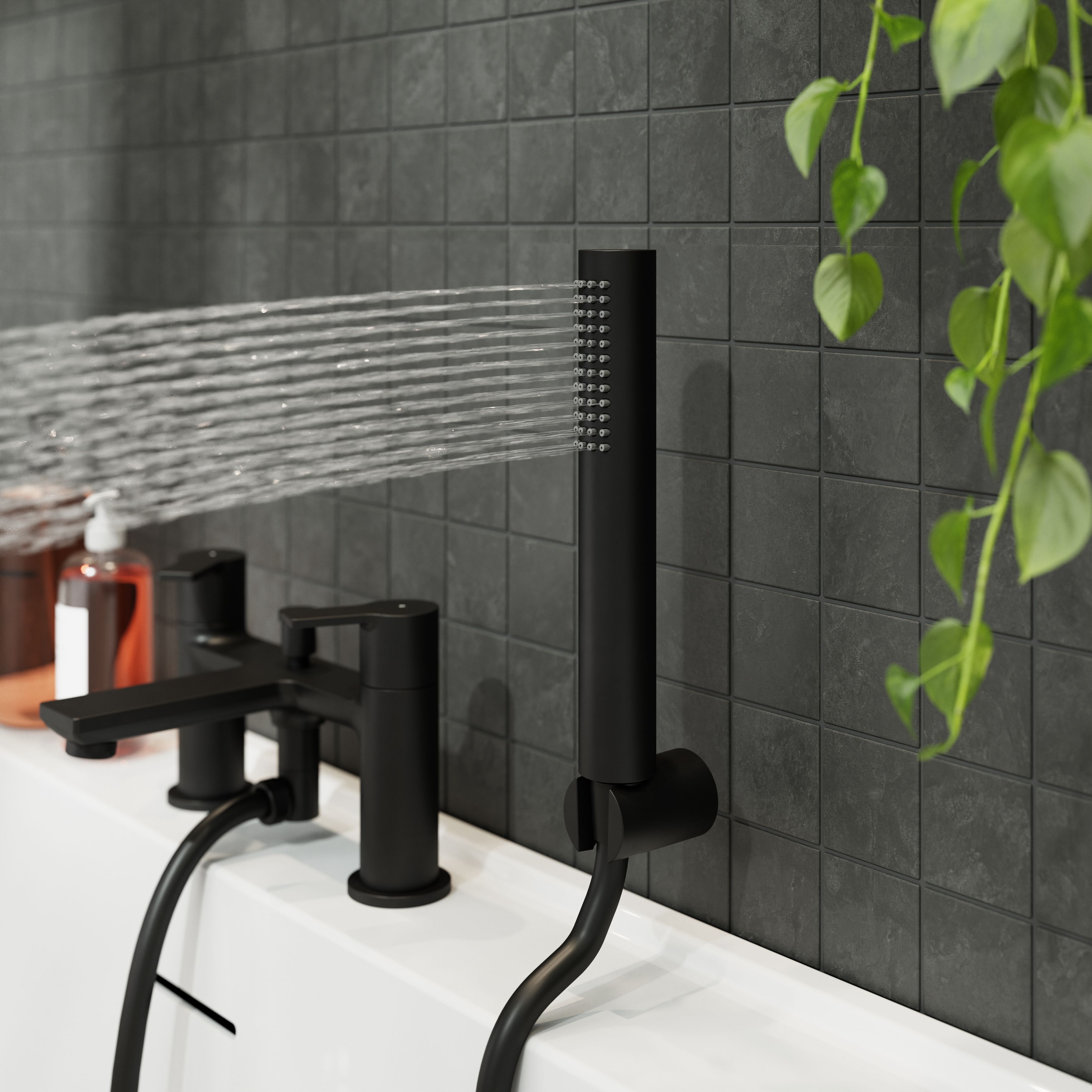 GoodHome Akita Matt Black Ceramic Deck-mounted Double Bath shower mixer tap with shower kit