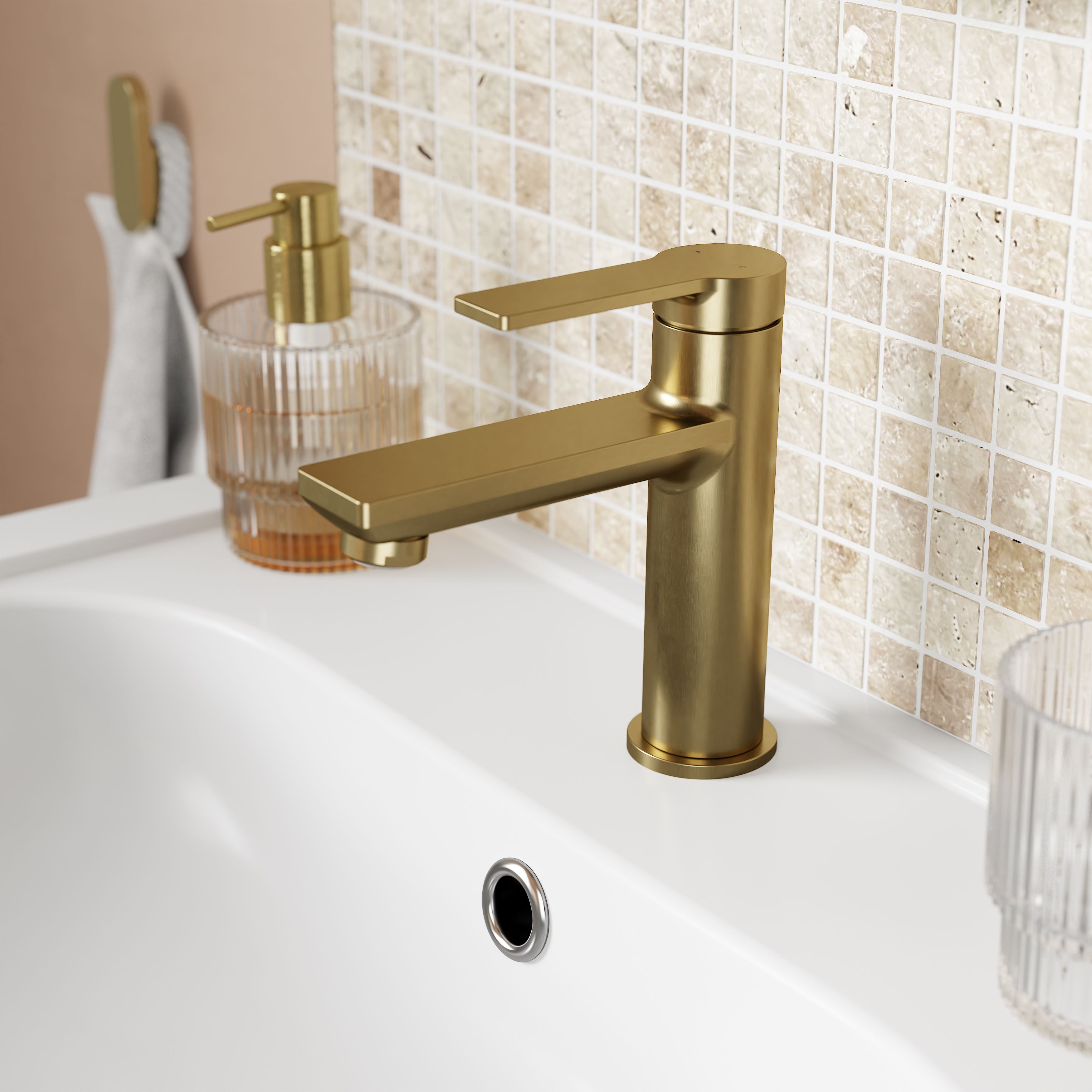 GoodHome Akita Medium Satin Brass effect Round Manual Basin Mixer Tap