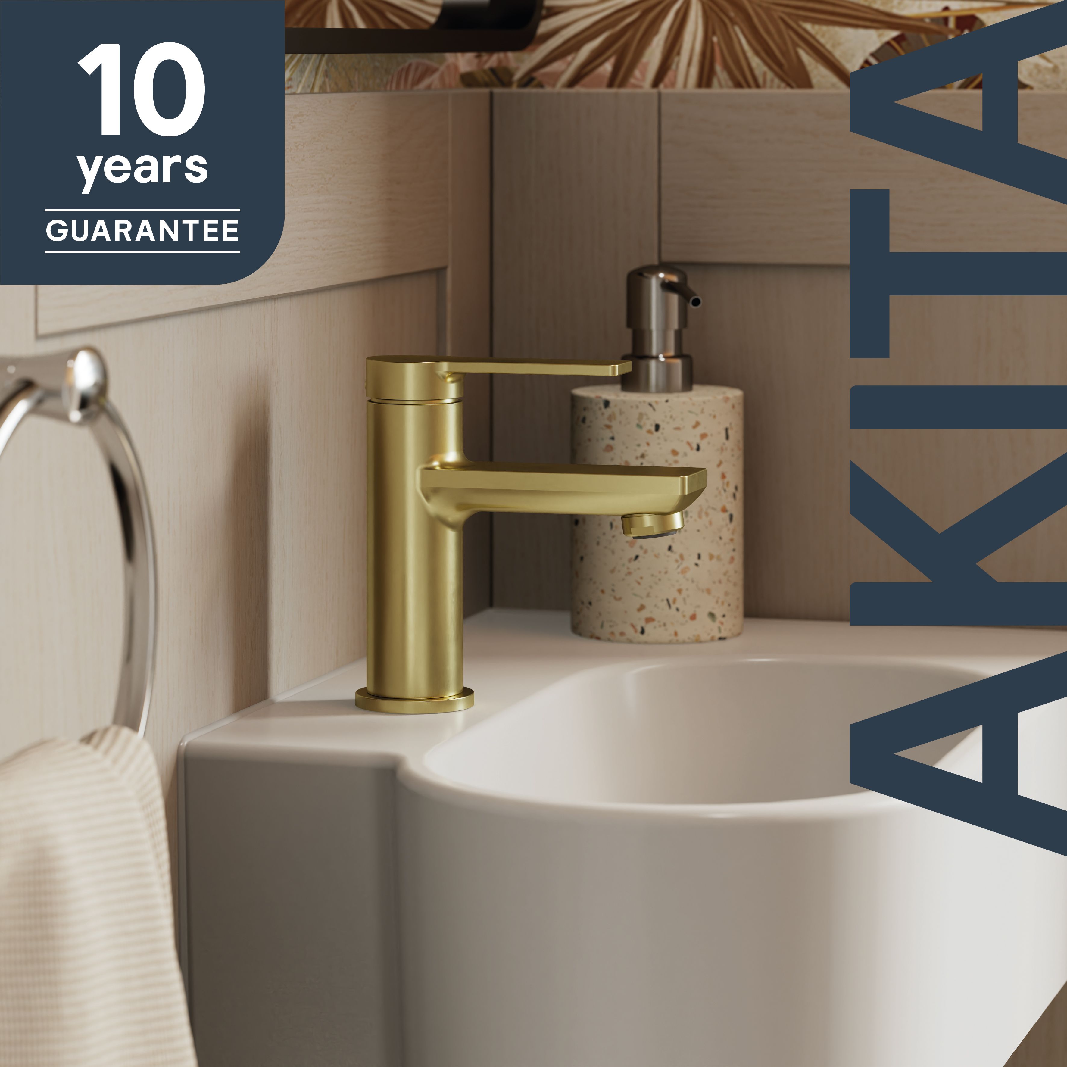 GoodHome Akita Mini Satin Brass effect Round Deck-mounted Manual Basin Mixer Tap