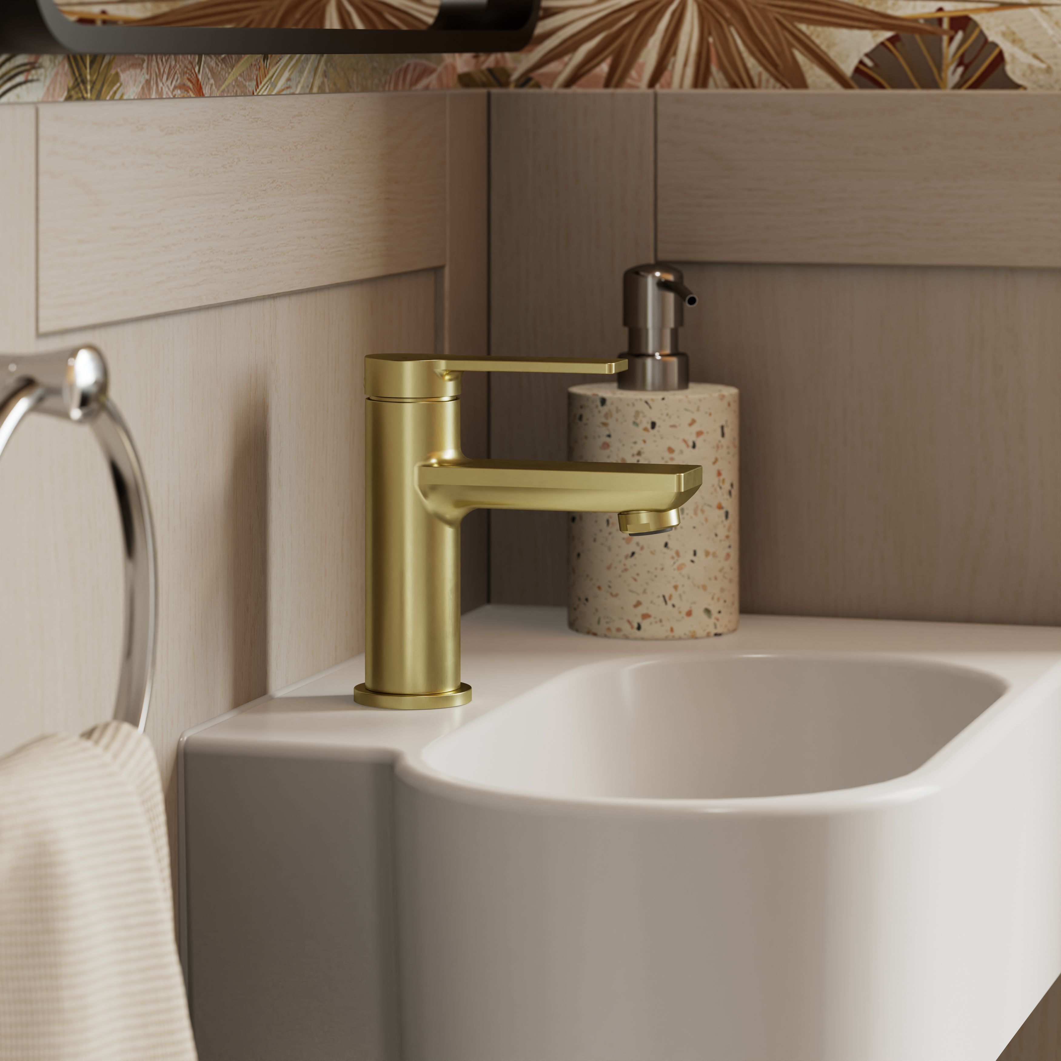 GoodHome Akita Mini Satin Brass effect Round Deck-mounted Manual Basin Mixer Tap