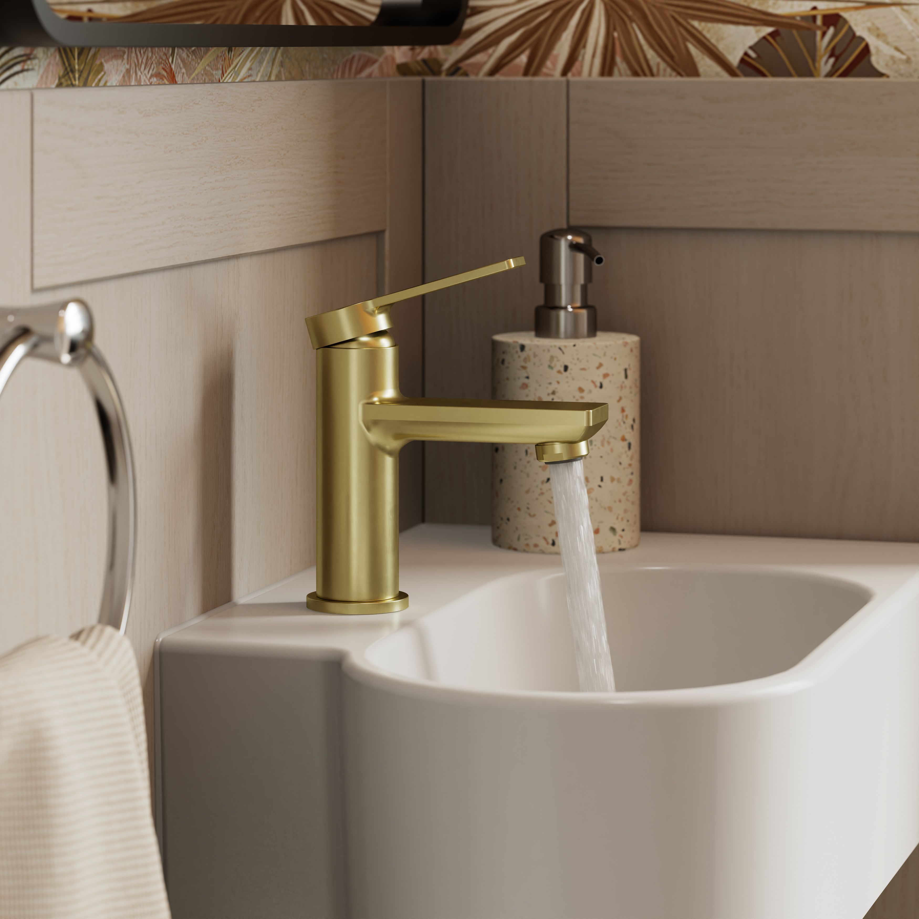 GoodHome Akita Mini Satin Brass effect Round Deck-mounted Manual Basin Mixer Tap