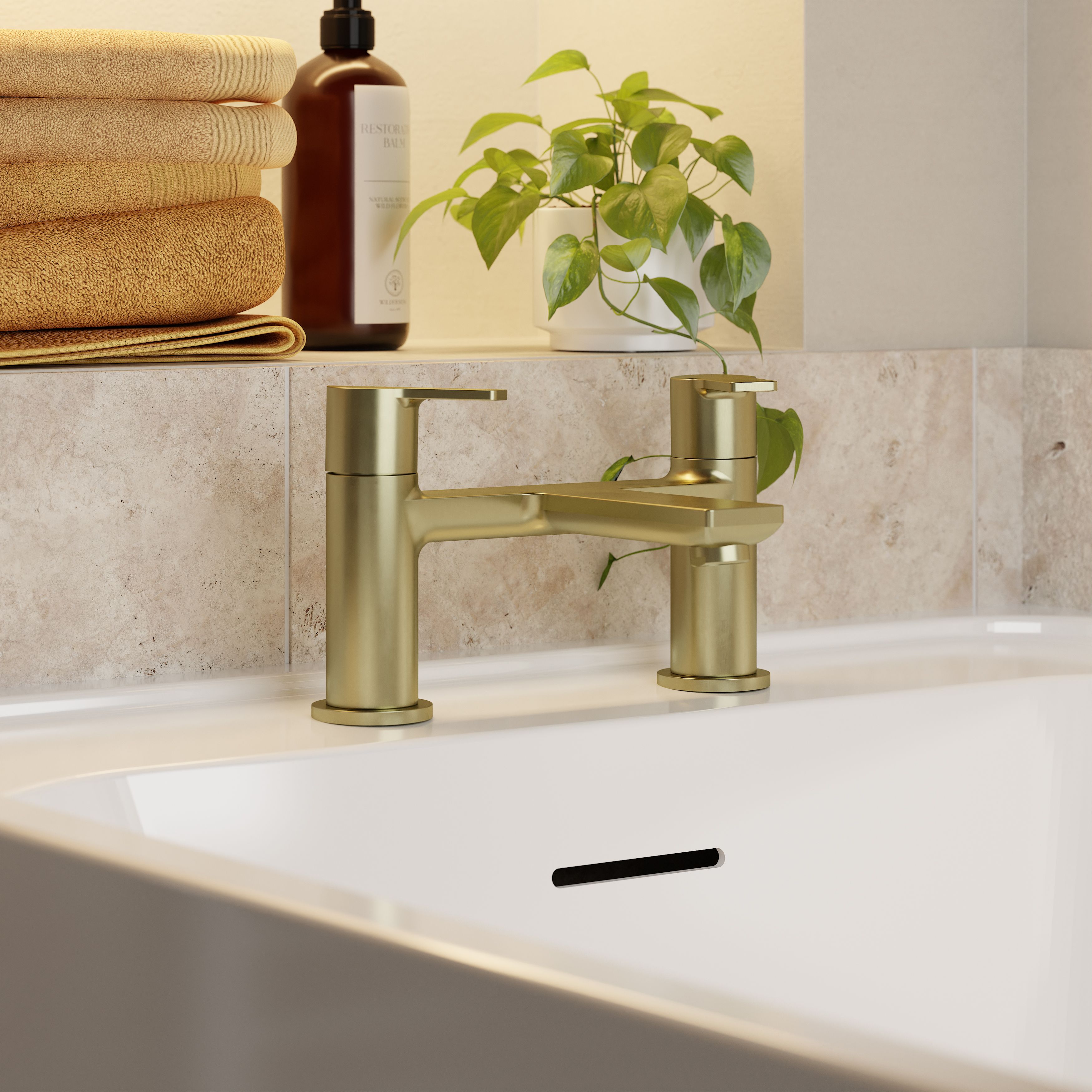 GoodHome Akita Satin Brass effect Deck-mounted Manual Single Bath Filler Tap