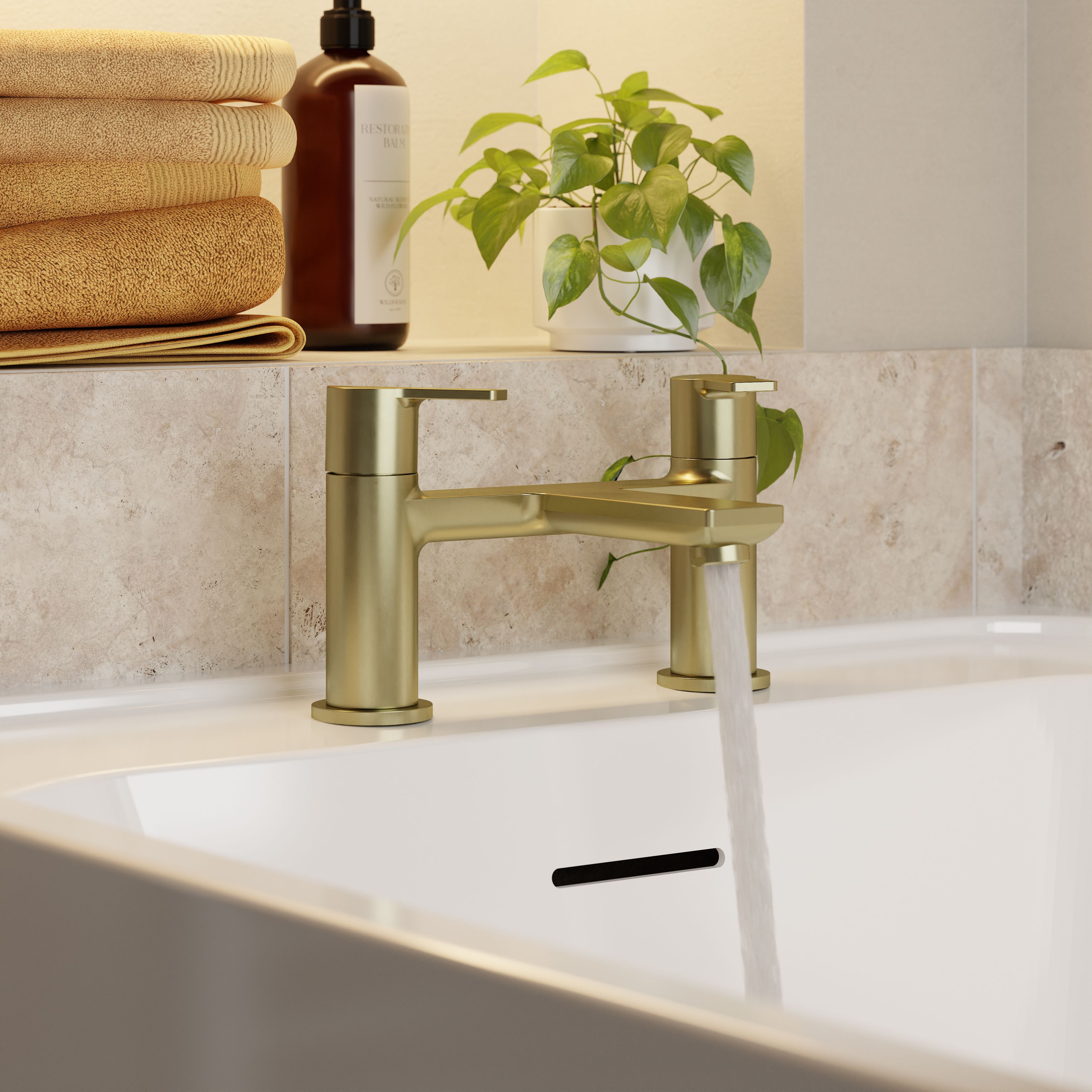 GoodHome Akita Satin Brass effect Deck-mounted Manual Single Bath Filler Tap