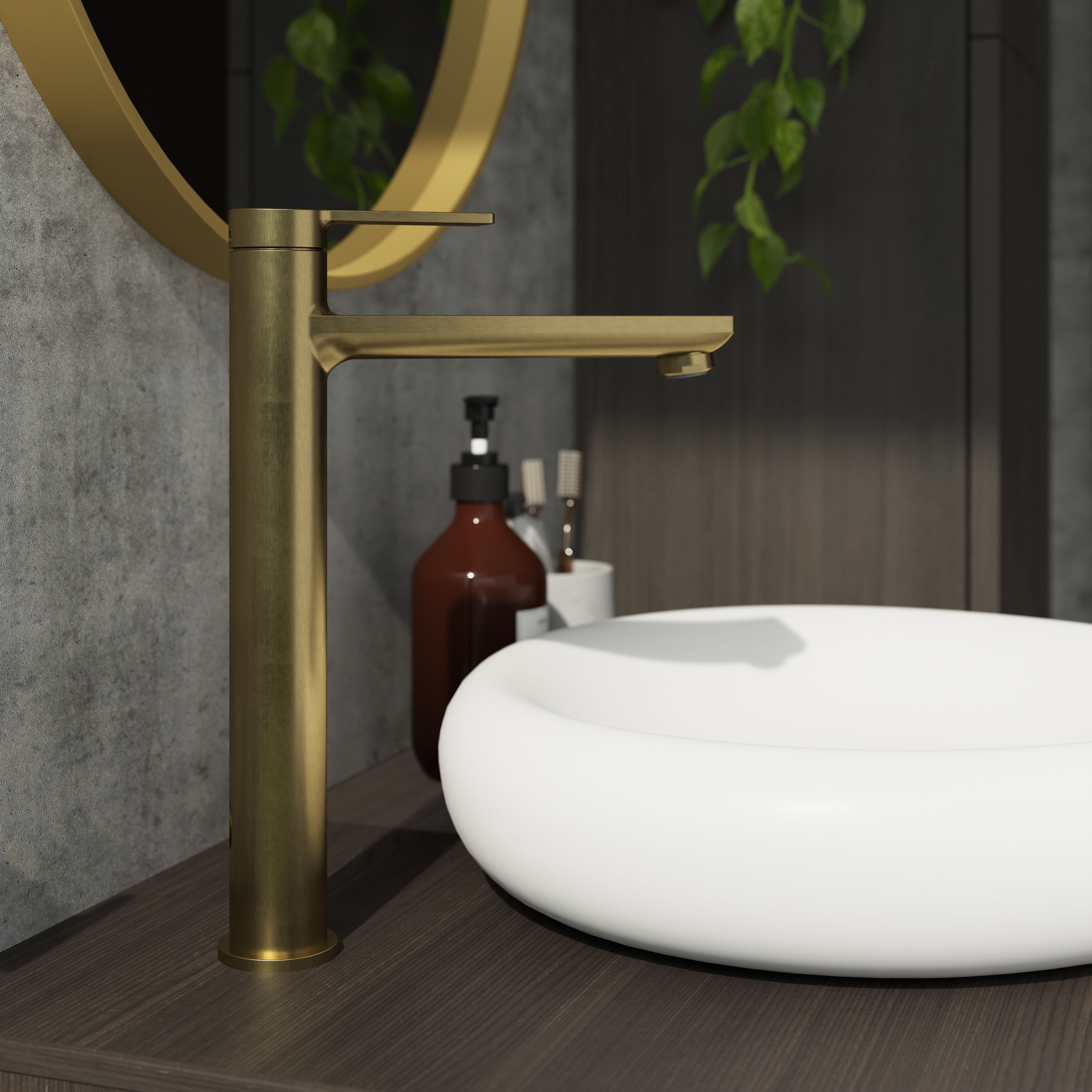 GoodHome Akita Tall Satin Brass effect Round Deck-mounted Manual Basin Mixer Tap