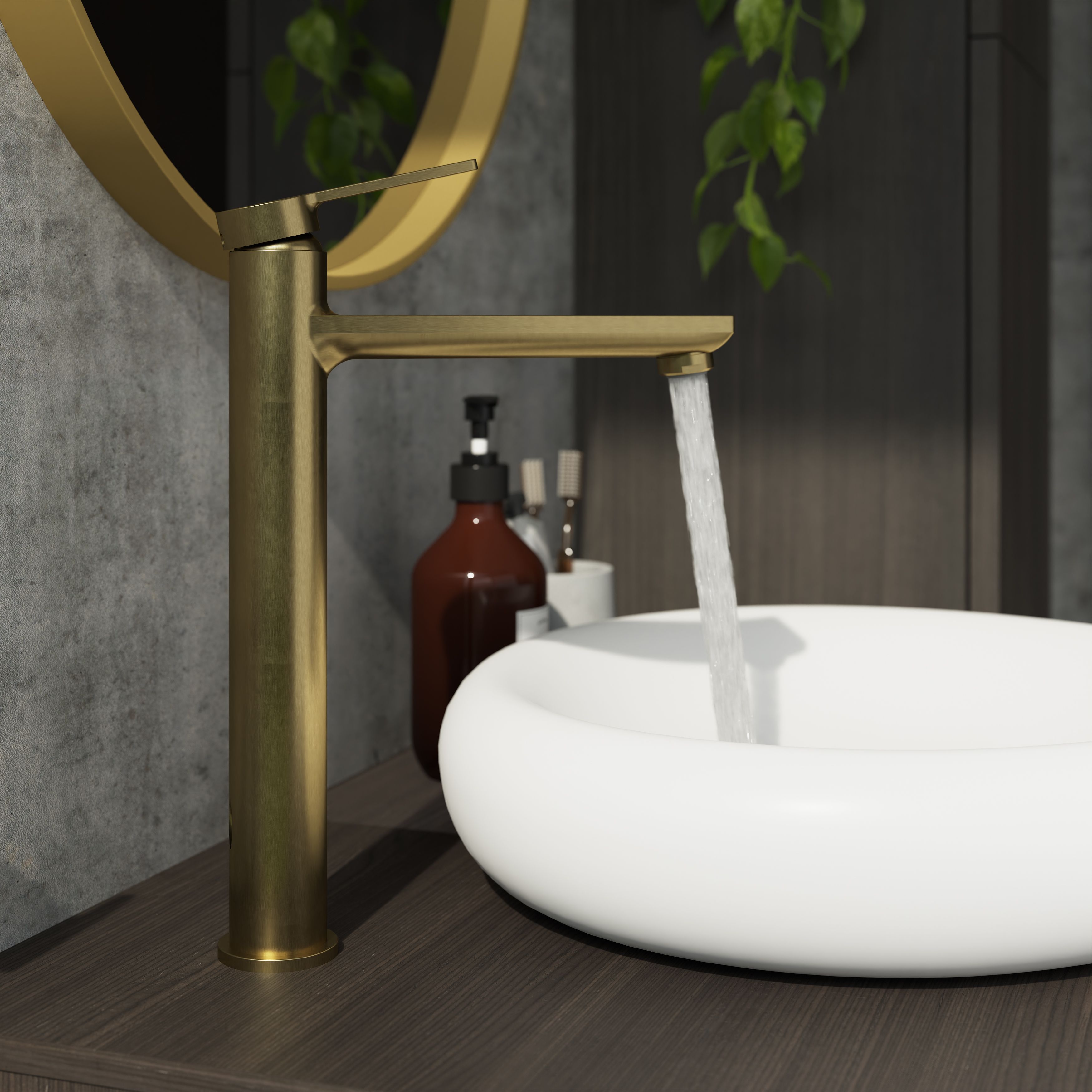 GoodHome Akita Tall Satin Brass effect Round Deck-mounted Manual Basin Mixer Tap