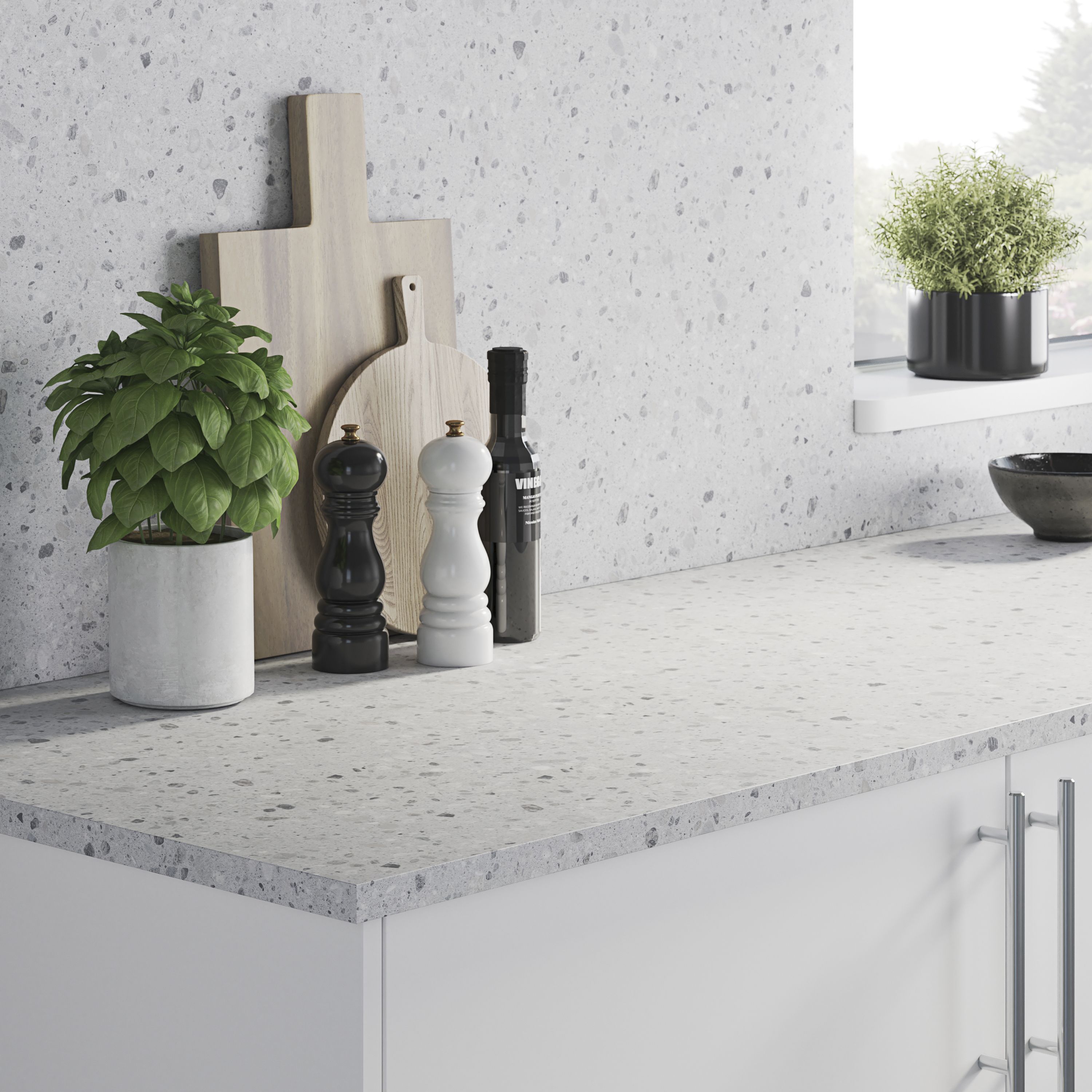 GoodHome Algiata Polished Grey Terrazzo effect Laminated chipboard Back panel, (H)8mm (W)600mm (T)8mm