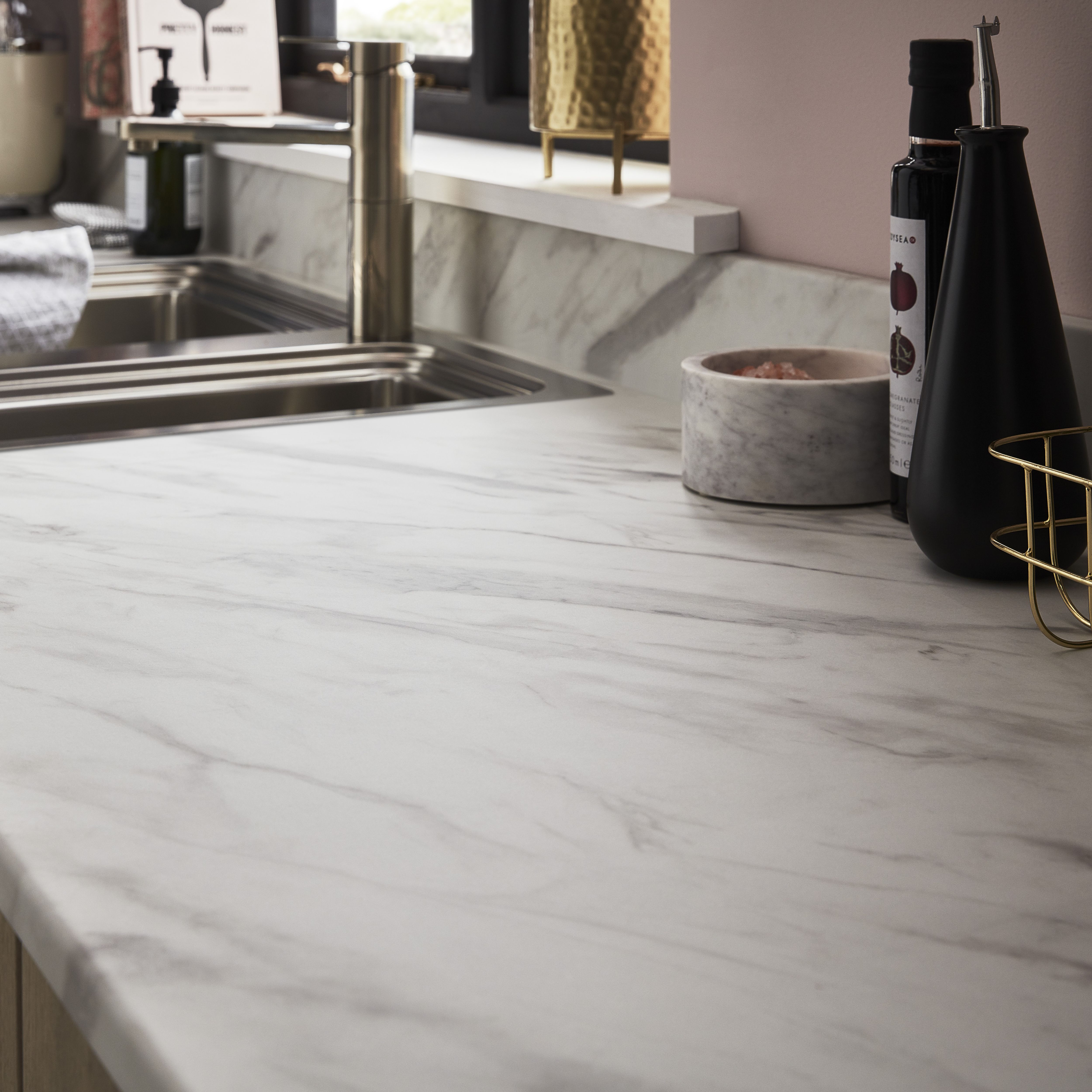 GoodHome Algiata White Marble effect Laminate & particle board Upstand (L)3000mm