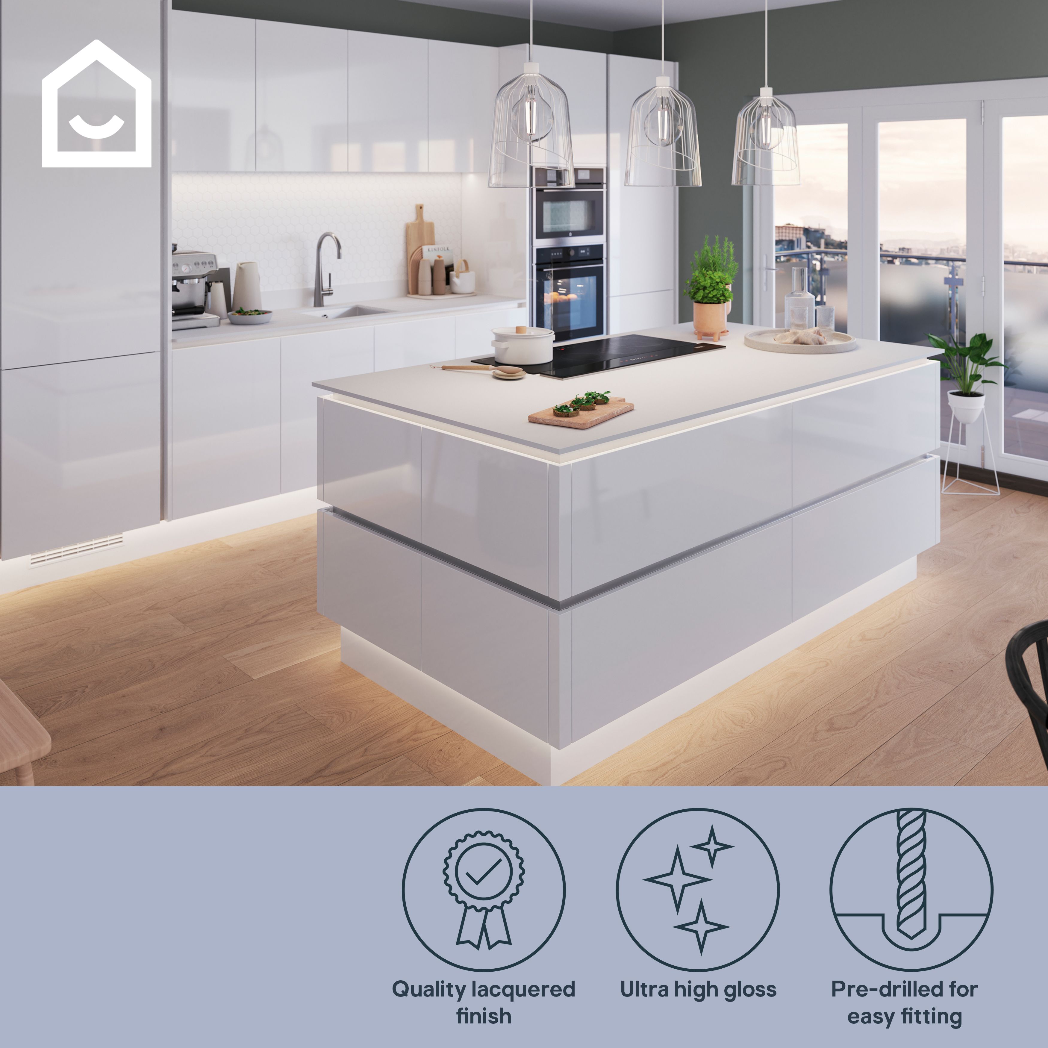 GoodHome Alisma High gloss white slab Full height Drawer front, bridging door & bi fold door, (W)1000mm (H)356mm (T)18mm