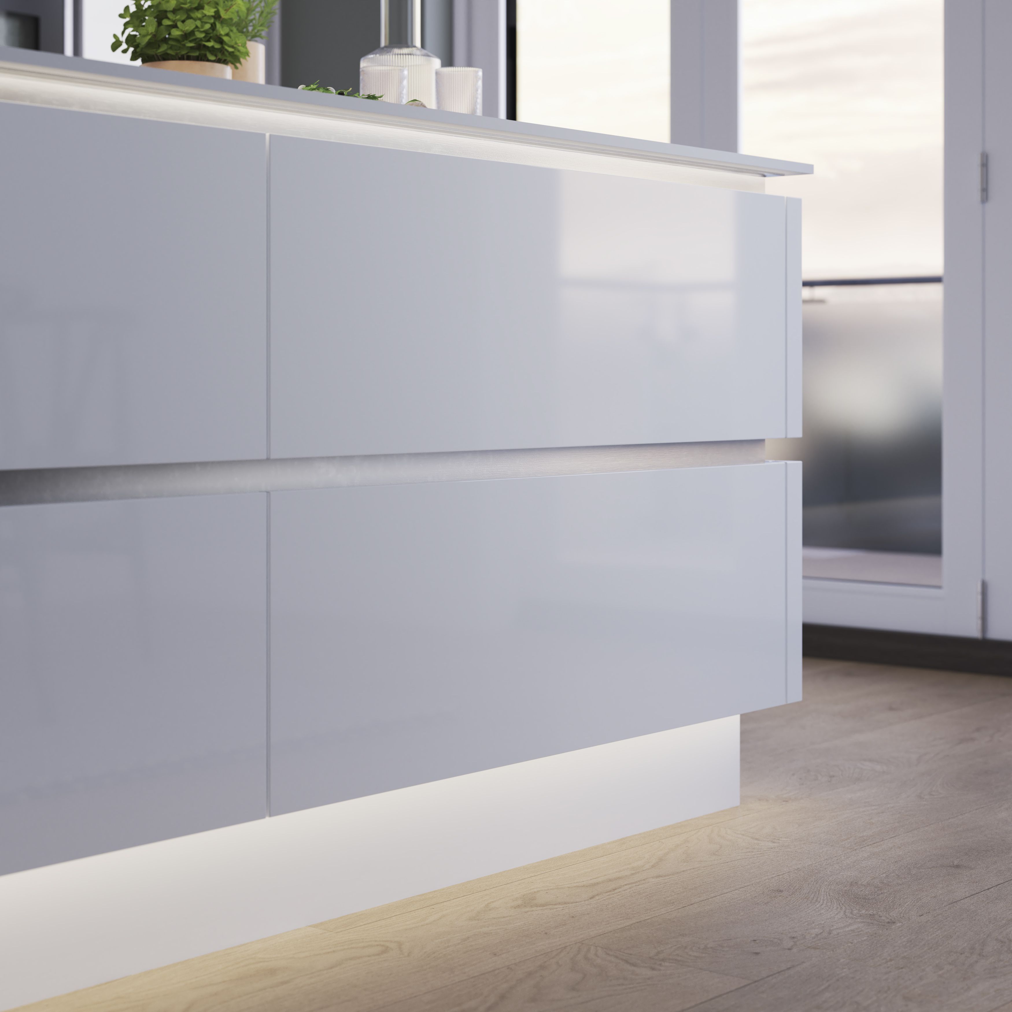 GoodHome Alisma Innovo handleless High gloss white Slab Drawer front, bridging door & bi fold door