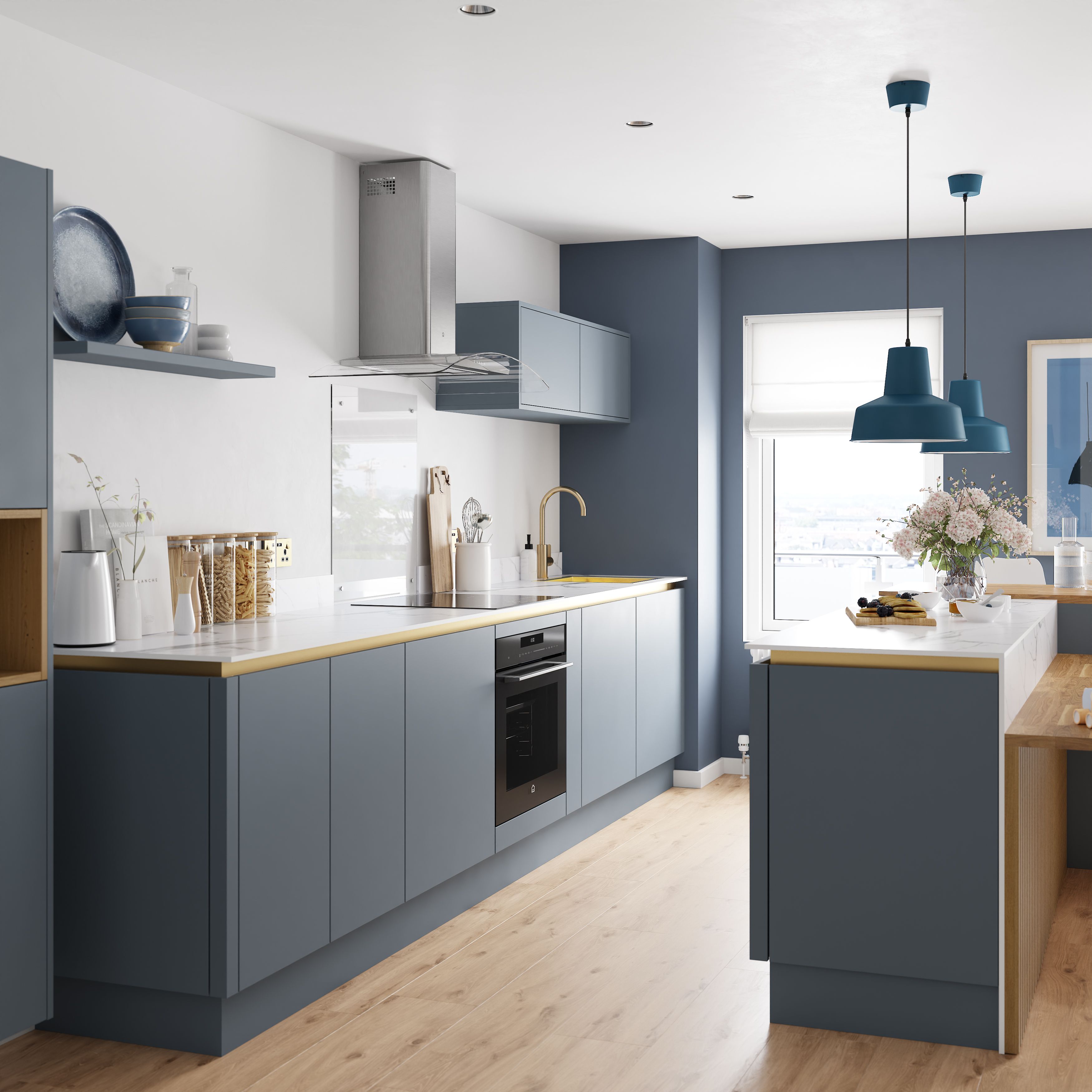 GoodHome Alisma Matt blue Slab Drawer front, bridging door & bi-fold door 1000mm