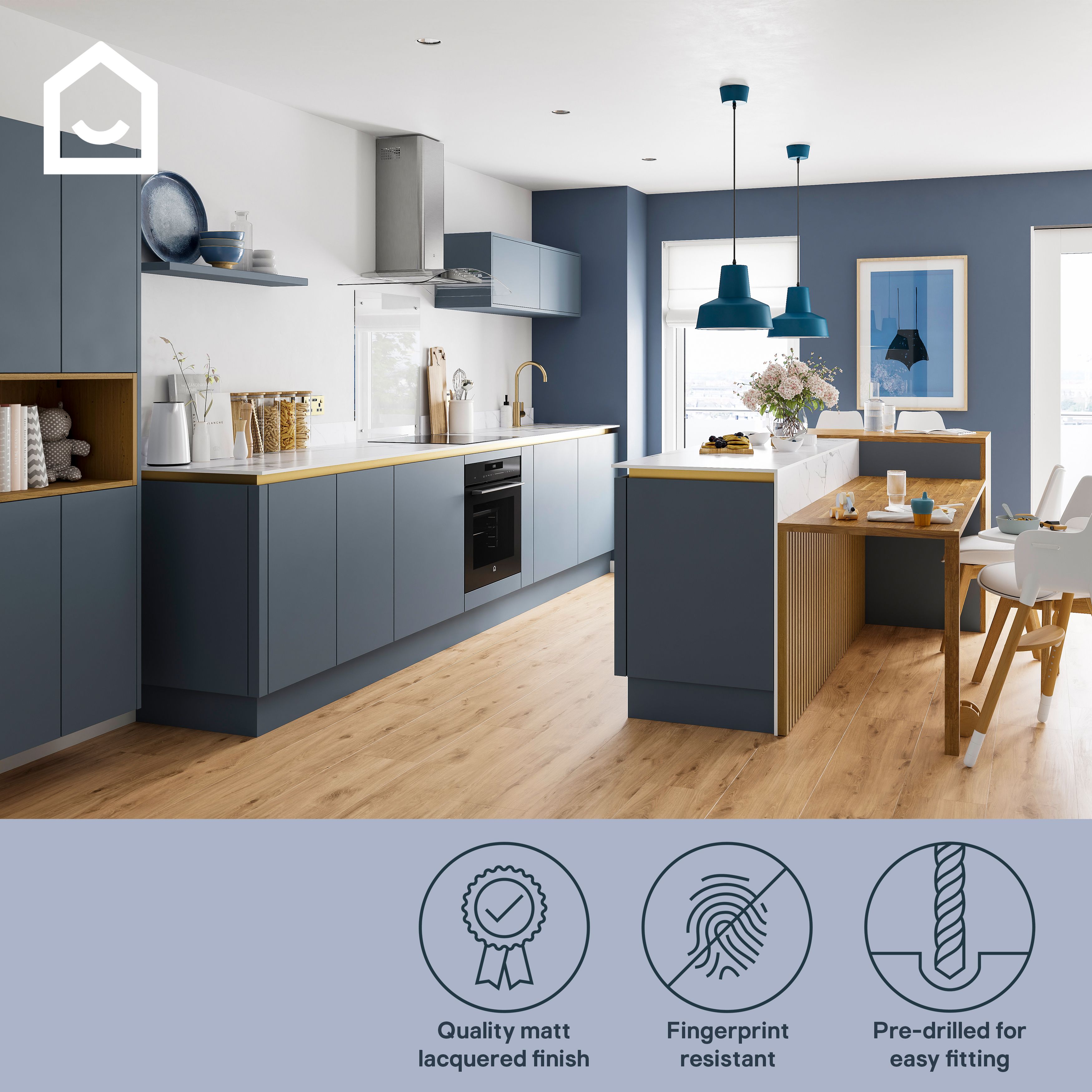 GoodHome Alisma Matt blue Slab Drawer front, bridging door & bi-fold door 1000mm