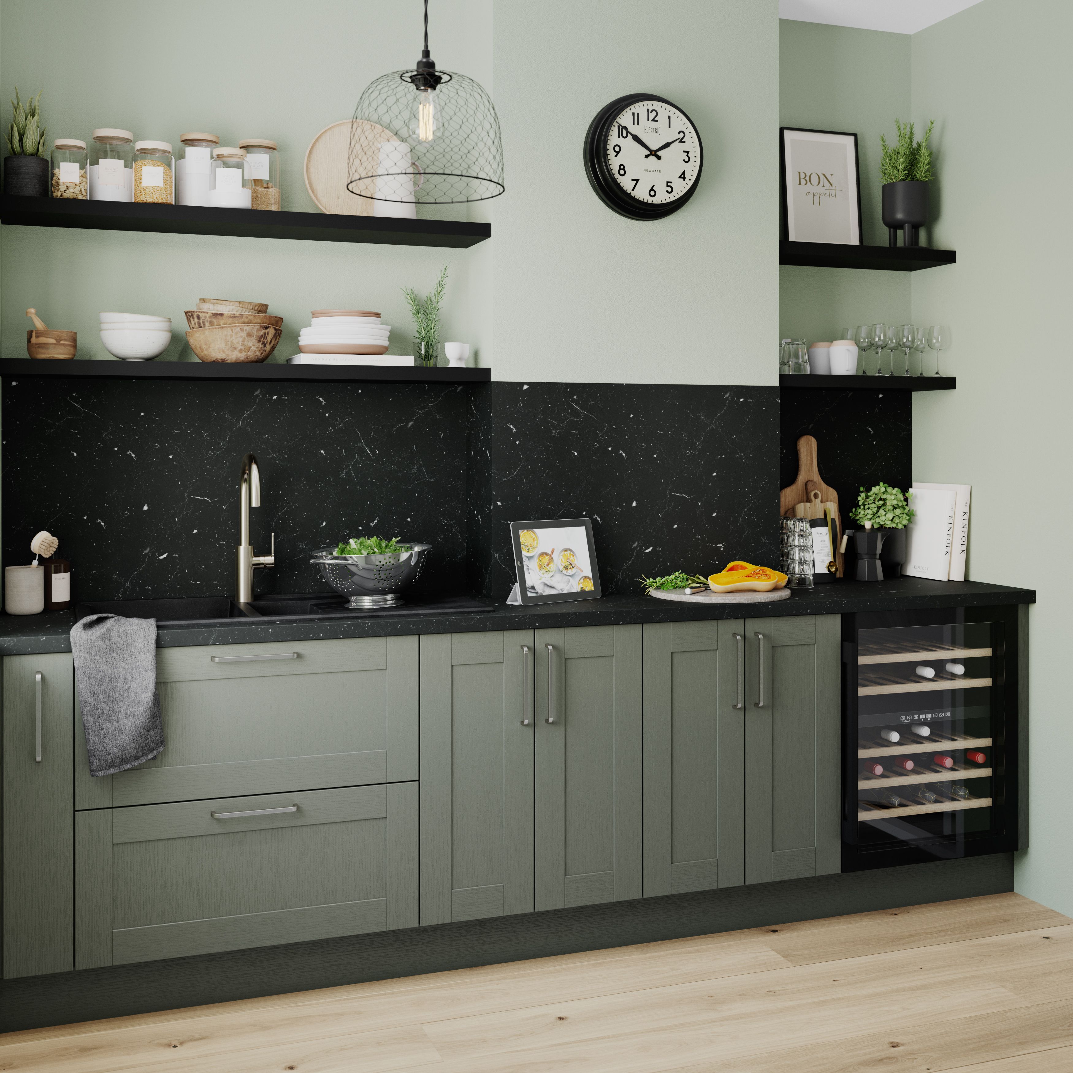 GoodHome Alpinia Matt Green Painted Wood Effect Shaker Wall Kitchen cabinet (W)300mm (H)720mm