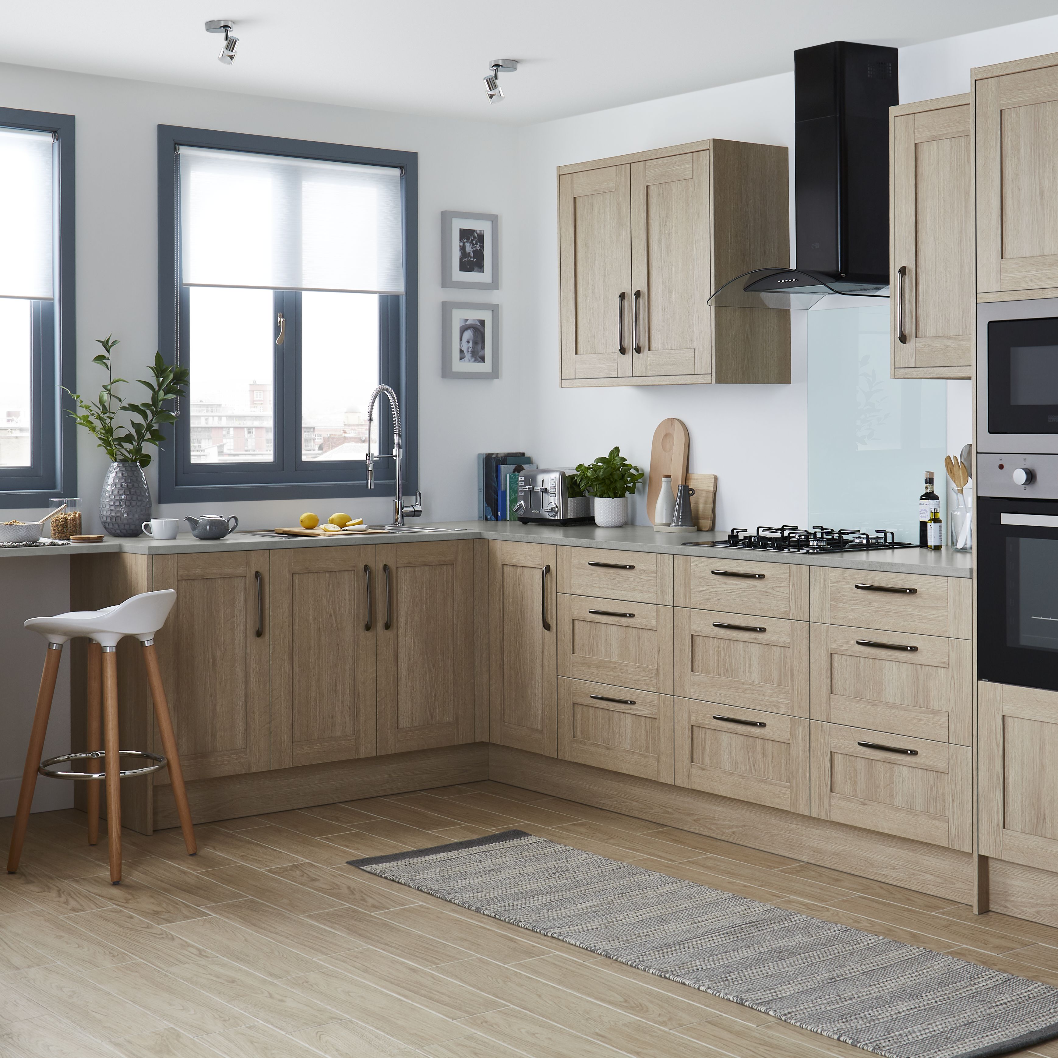 Oak effect store kitchen units