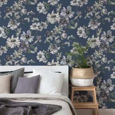 GoodHome Amazo Blue Floral Textured Wallpaper