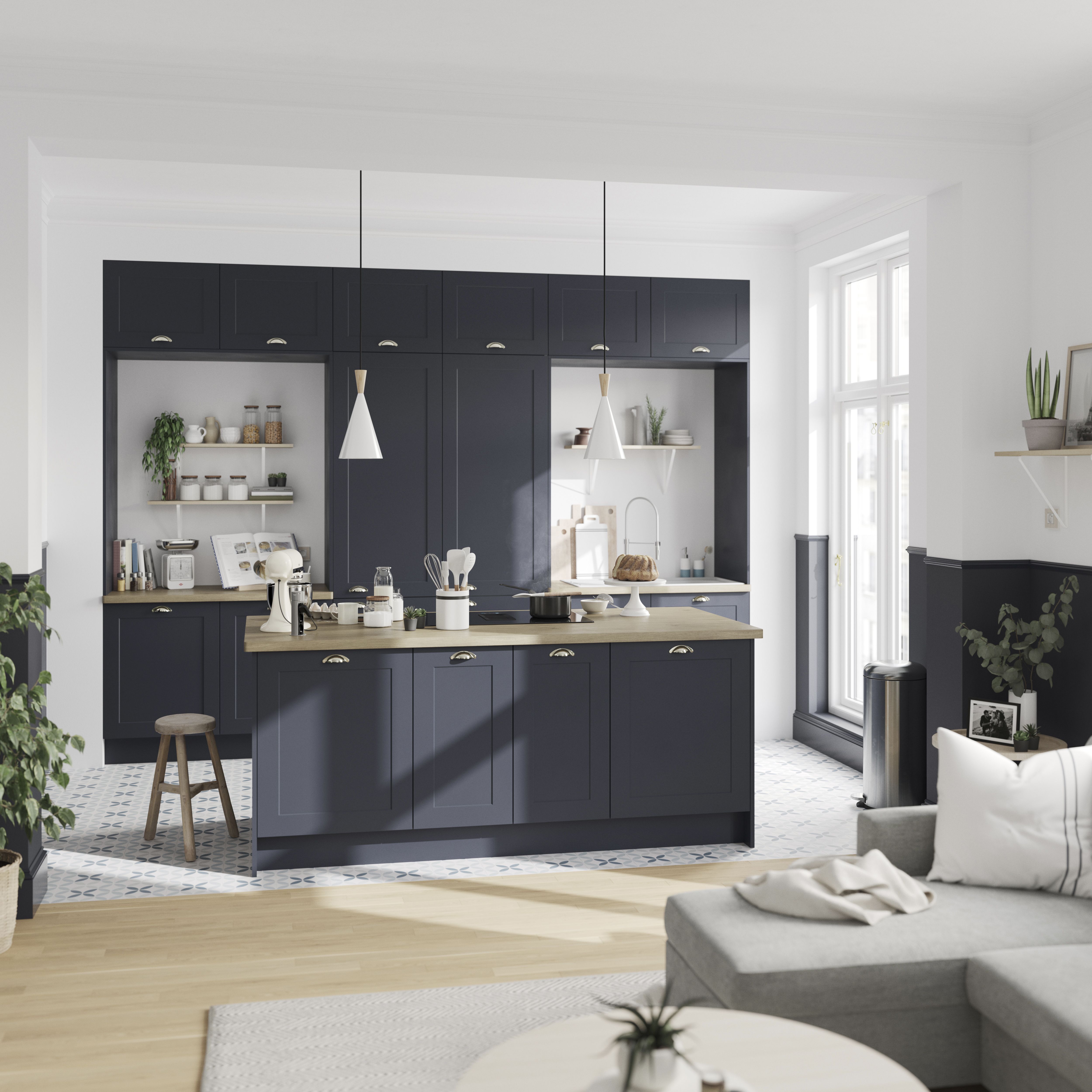 GoodHome Artemisia Innovo handleless Matt midnight blue Shaker Drawer front, bridging door & bi-fold door 800mm